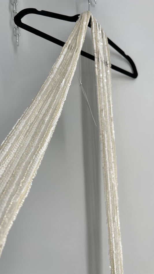 Vintage White Sequin Iridescent Beaded Skinny Scarf