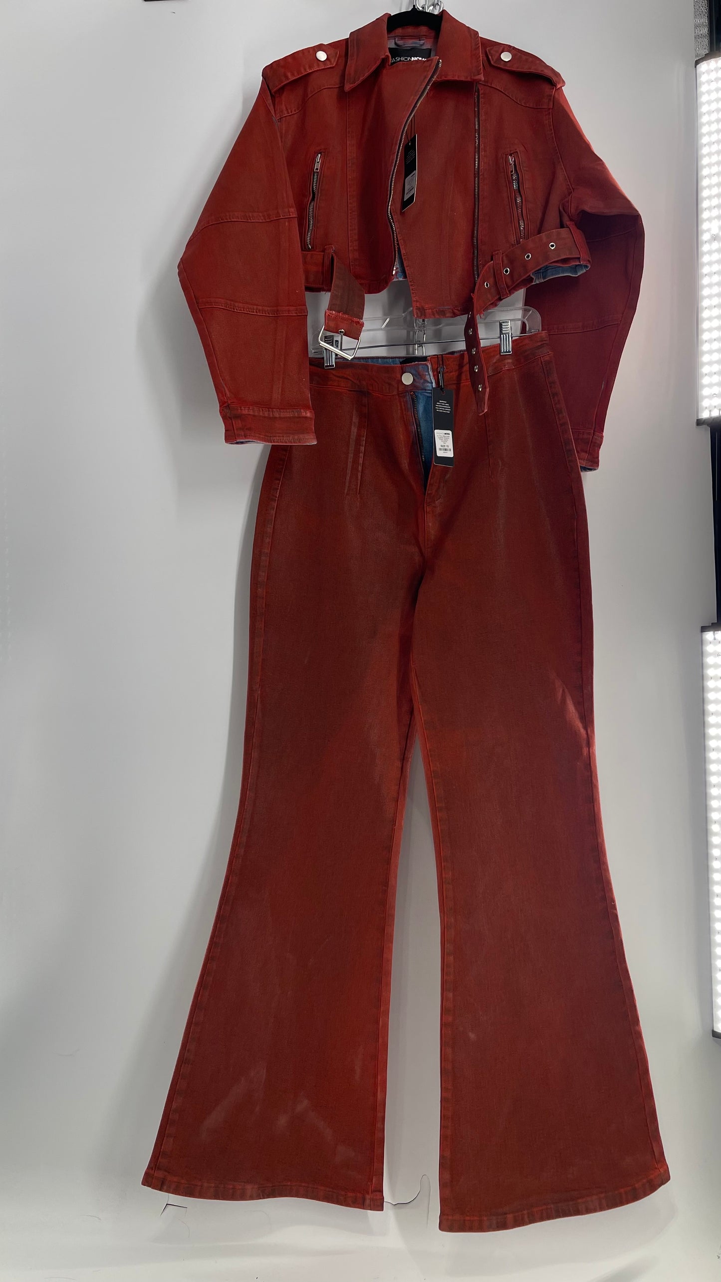 Fashion Nova Red Waxed Denim Cropped Motorcycle Jacket with Flared Jean Set and Tags Attached (XL/15)