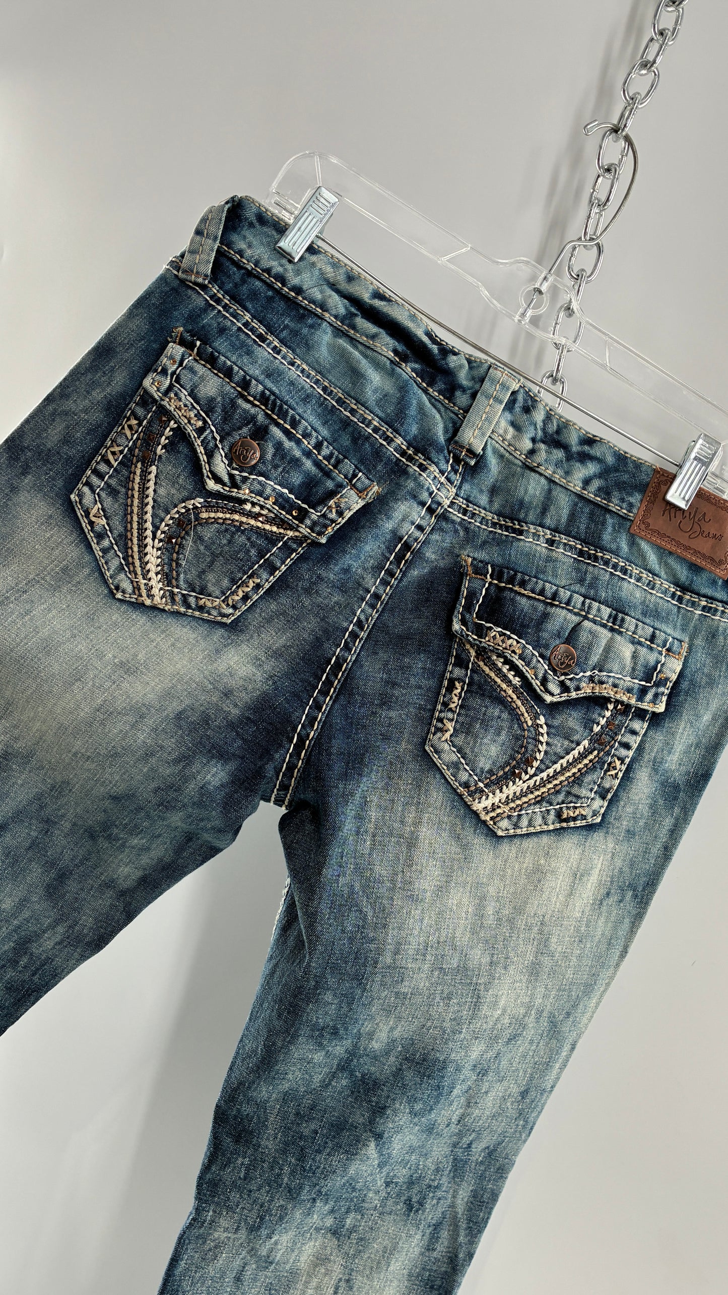 Vintage ARIYA JEANS Acid Washed Kick Flares with Embroidered Pockets (15/16)