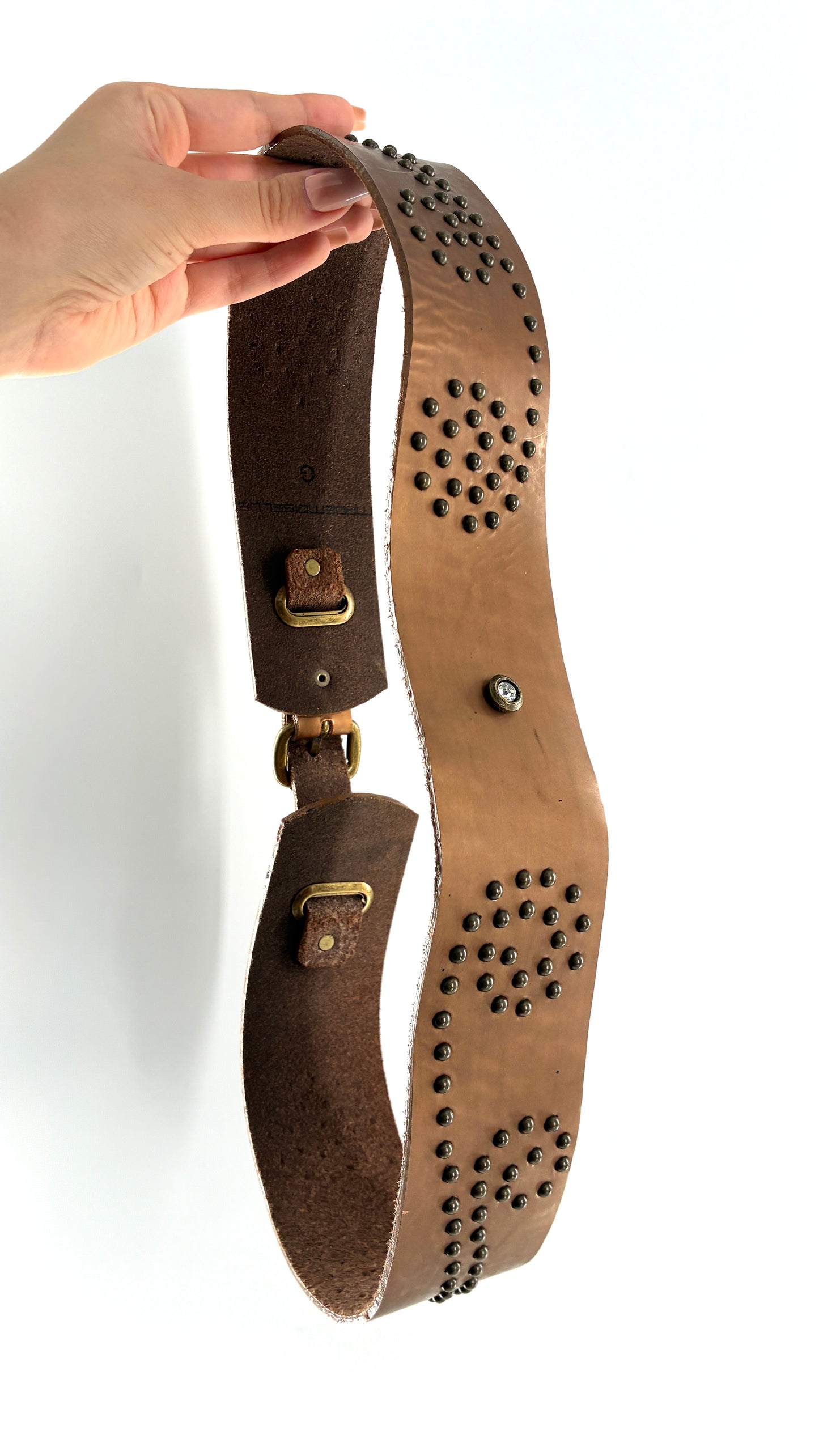 Vintage MADEMOISELLE Bronze Leather Thick Belt with Studded Rhinestone Details (L)