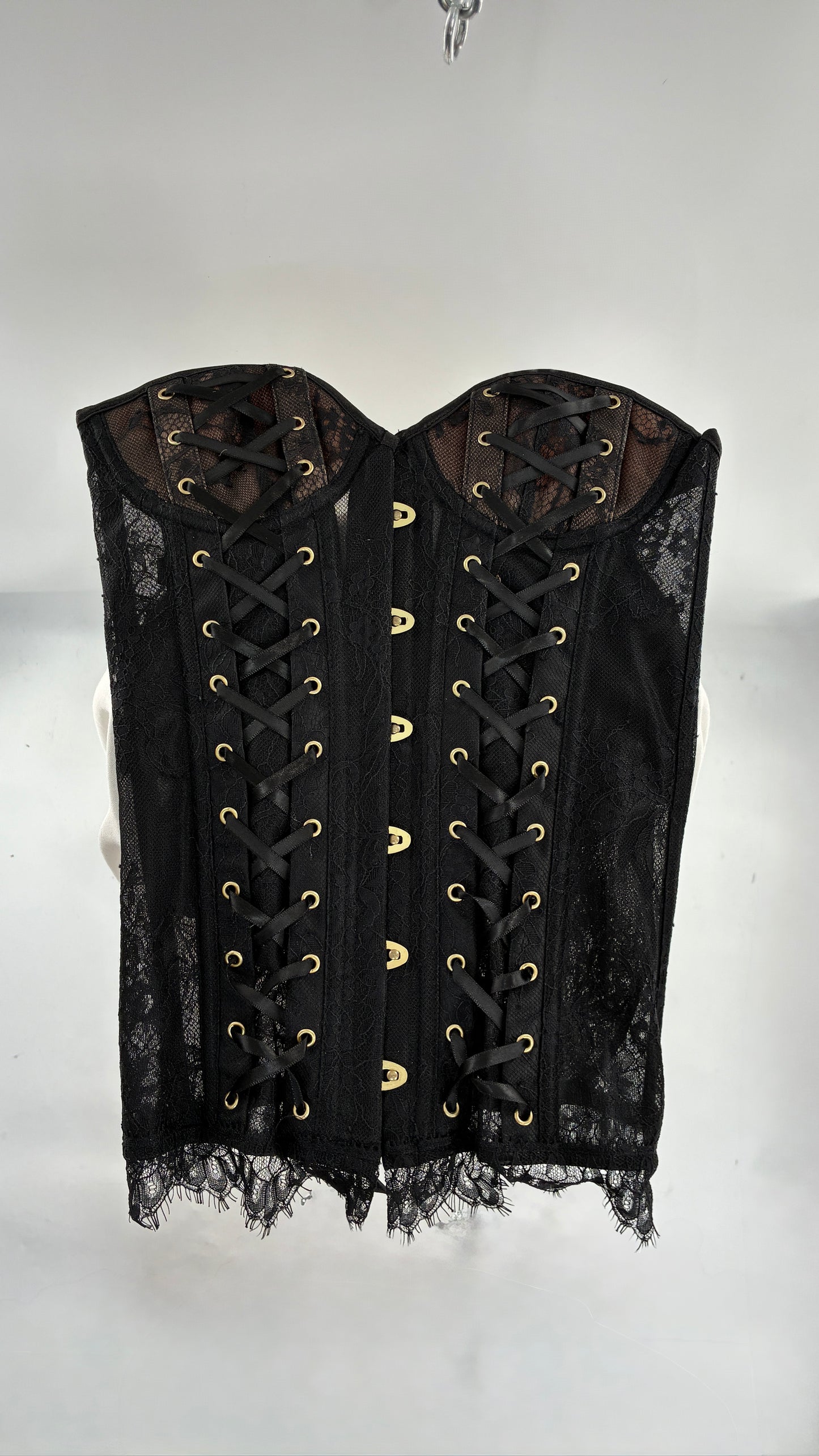 Vintage ADORE ME Lace Up Black Lace Corset with Nude Underlay (Small)