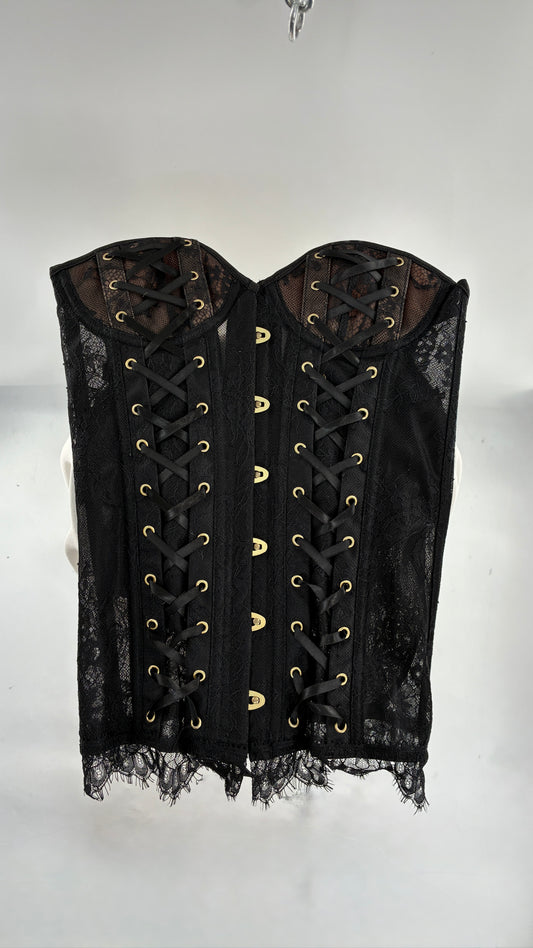 Vintage ADORE ME Lace Up Black Lace Corset with Nude Underlay (Small)