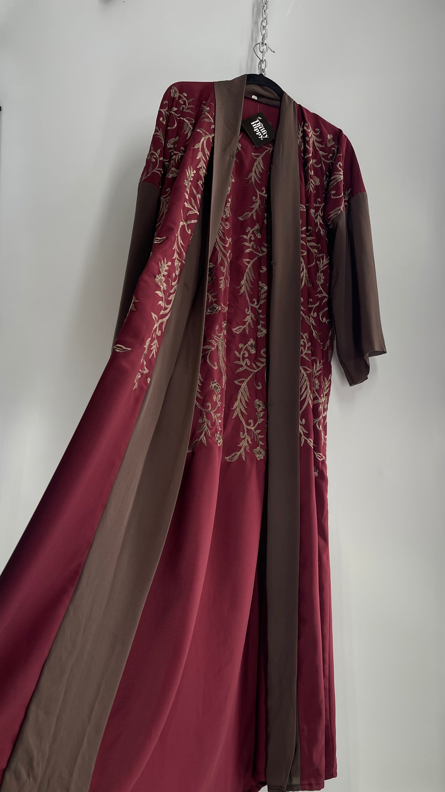 Vintage Embroidered Burgundy Sweeping Duster Coat/Cape with Tan Embroidery