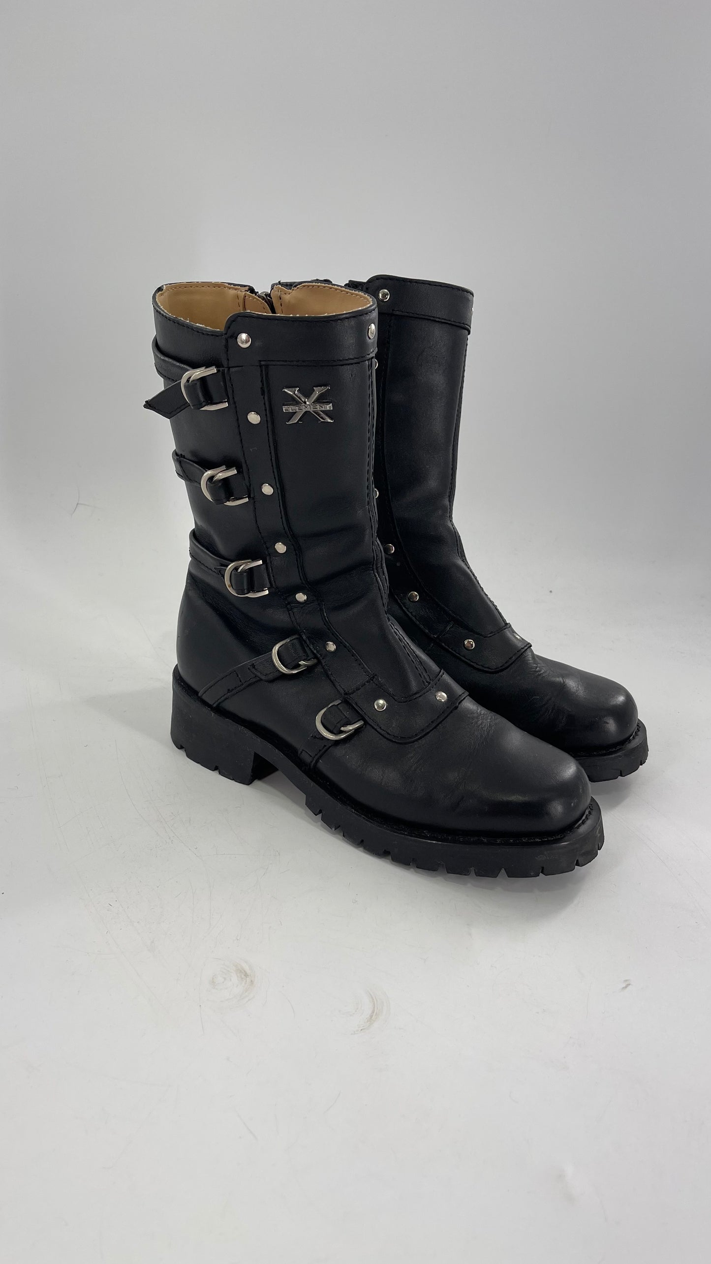 Vintage 1990s XELEMENT Buckle Side Genuine Leather Steam Punk Boots (Women’s 8.5)