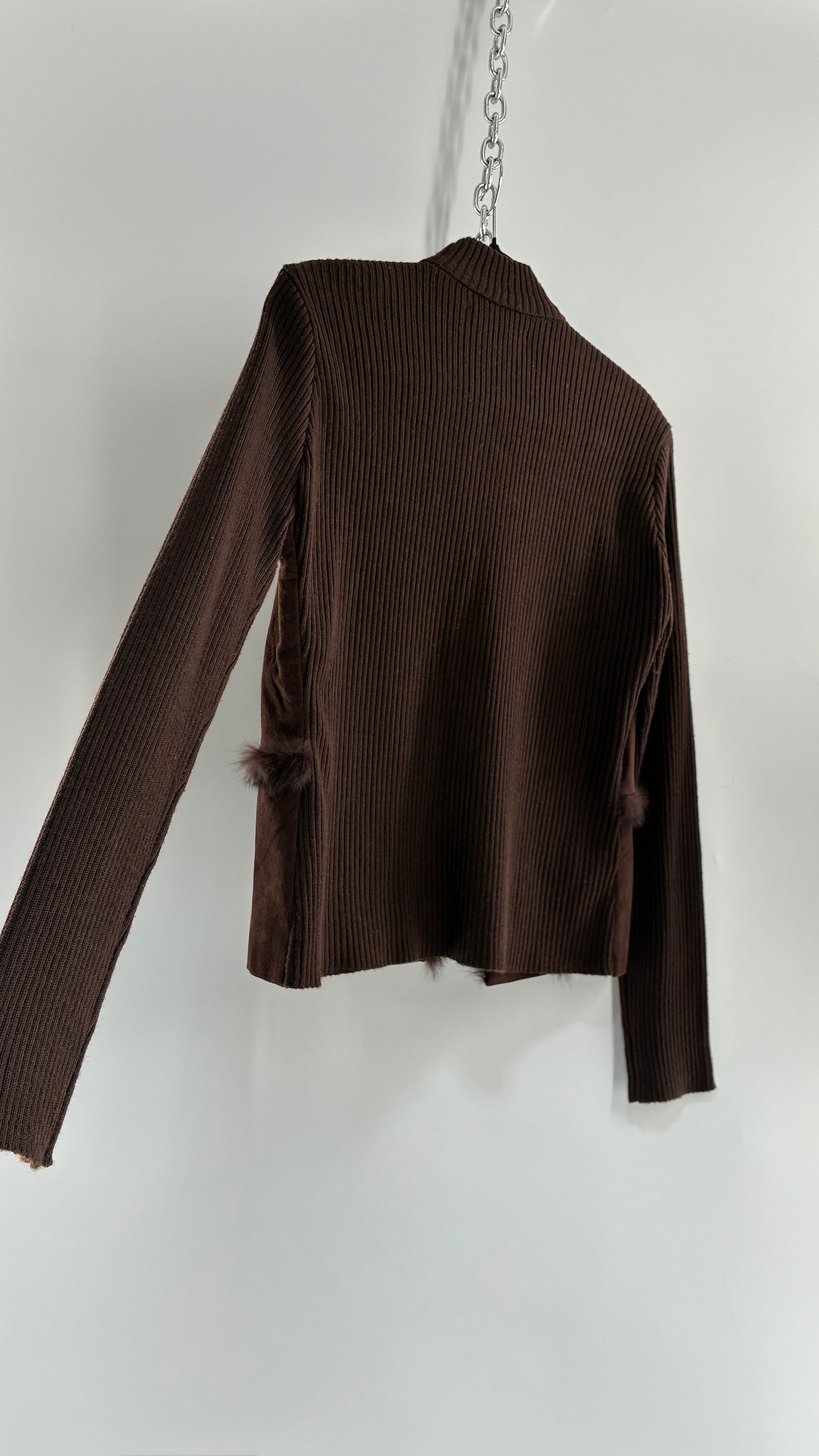Vintage Brown Ribbed Jacket with Genuine Suede Leather Paneling and Rabbit Fur Trim (Medium)