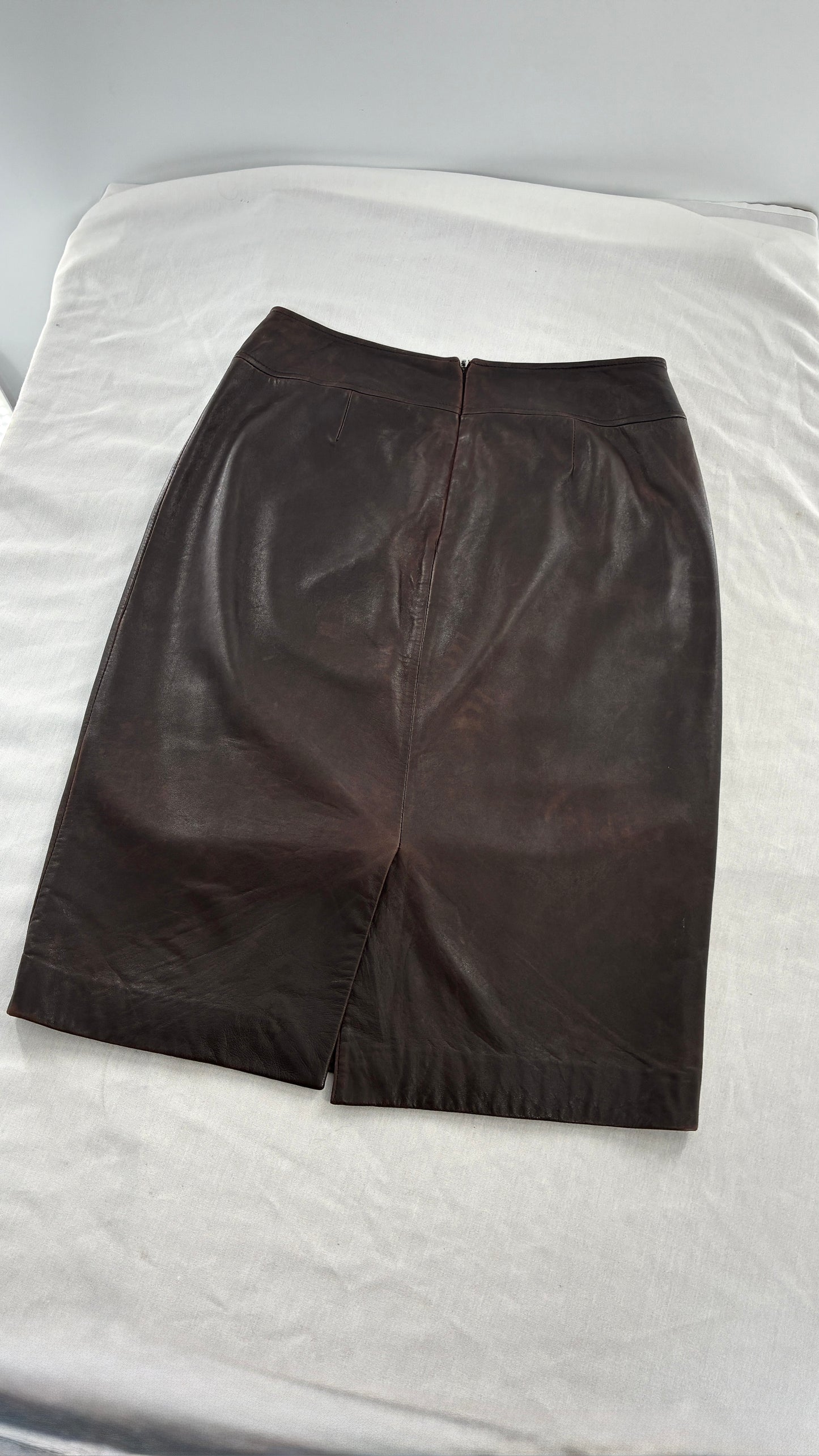Vintage BROOKS BROTHERS Brown Distressed Genuine Leather Skirt (6)