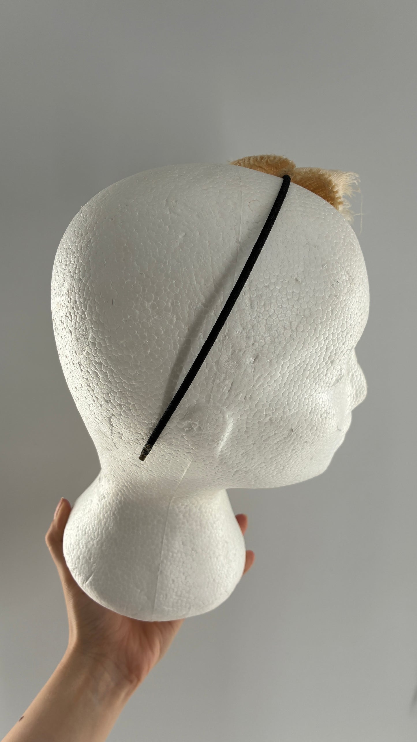 Vintage FARMER Handmade Discrete Headband with Oversized Beige Gold Bow Appliqué