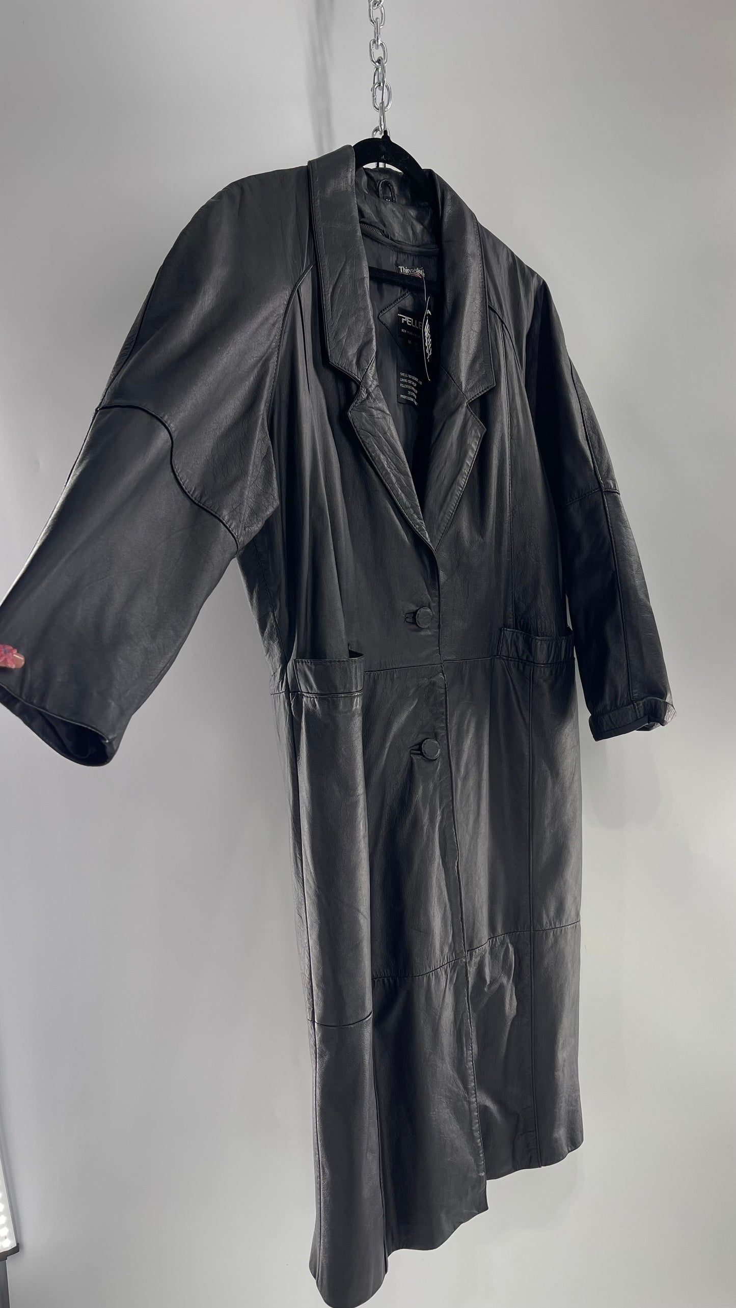 PELLE Vintage Black Leather Duster Coat (C) (Medium)