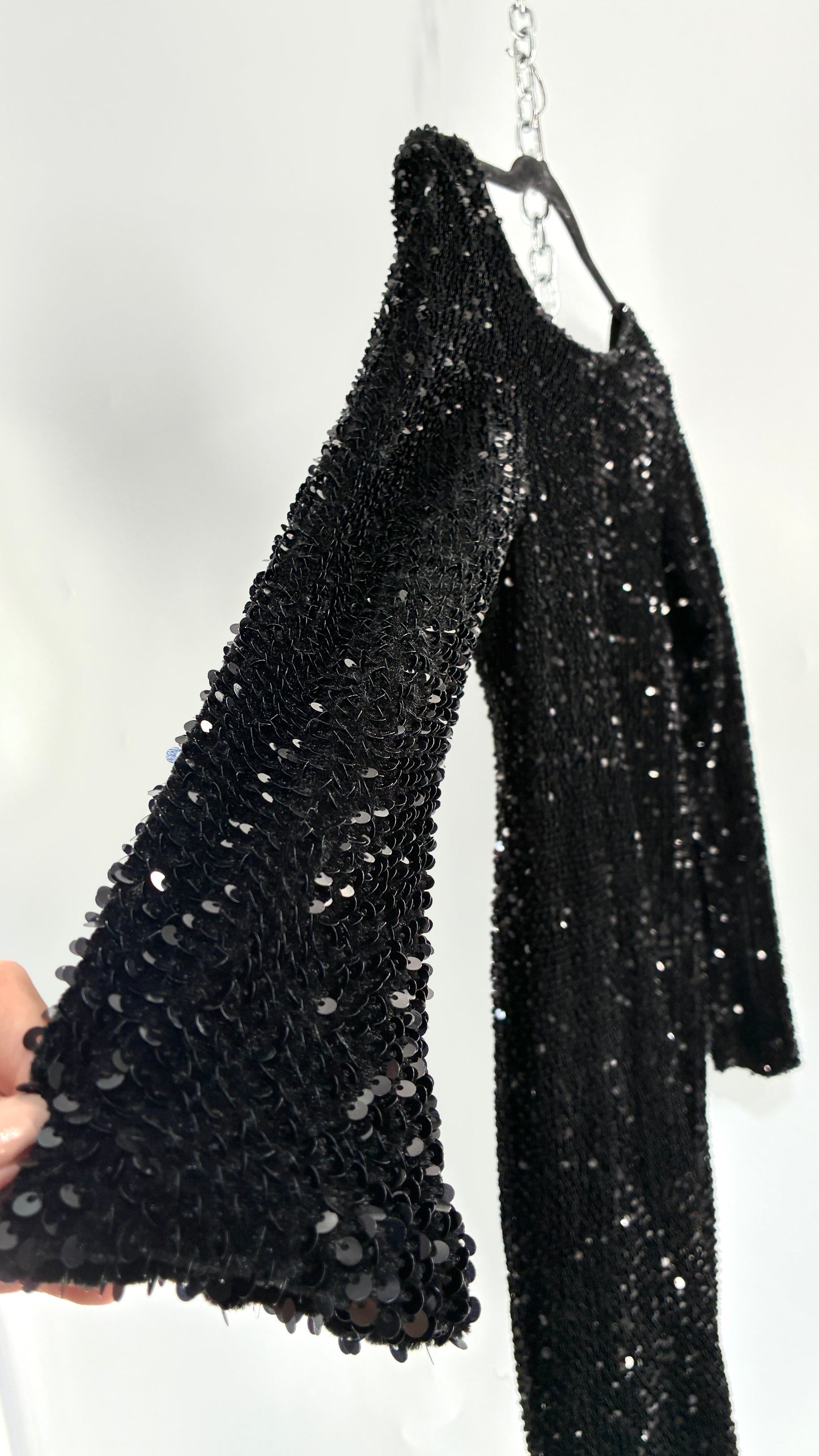 MOTEL Black Thick Velour and Sequin Long Sleeve Bodycon Mini Dress (Medium)