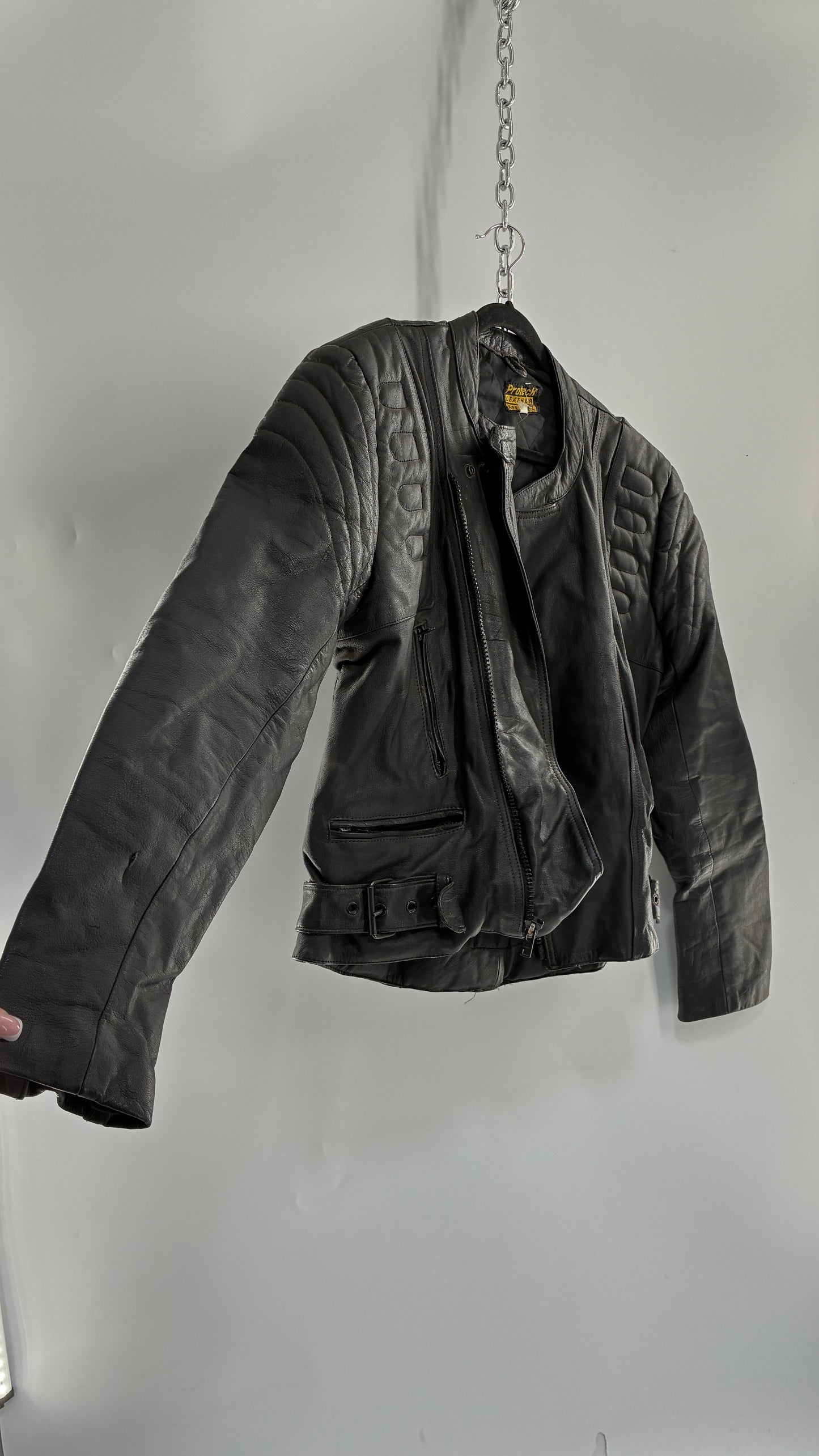 Vintage PROTECH Black Leather Motorcycle Jacket (46)