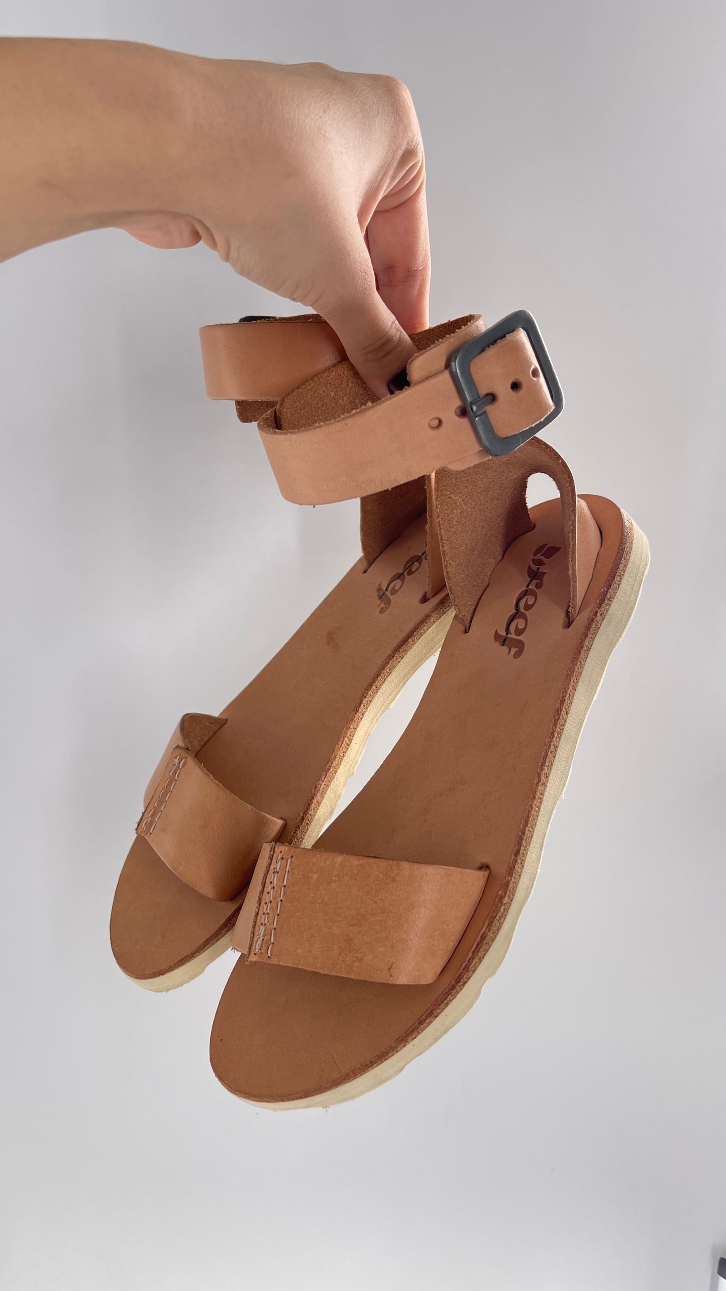 Free People Reef Light Nude / Tan Leather Sandals with Thick Ankle Strapped Buckle (6)