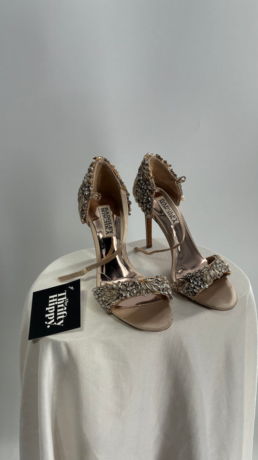 BAGDLEY MISCHKA Champagne Rhinestone Encrusted Embellished Round Toe Heels (5.5)