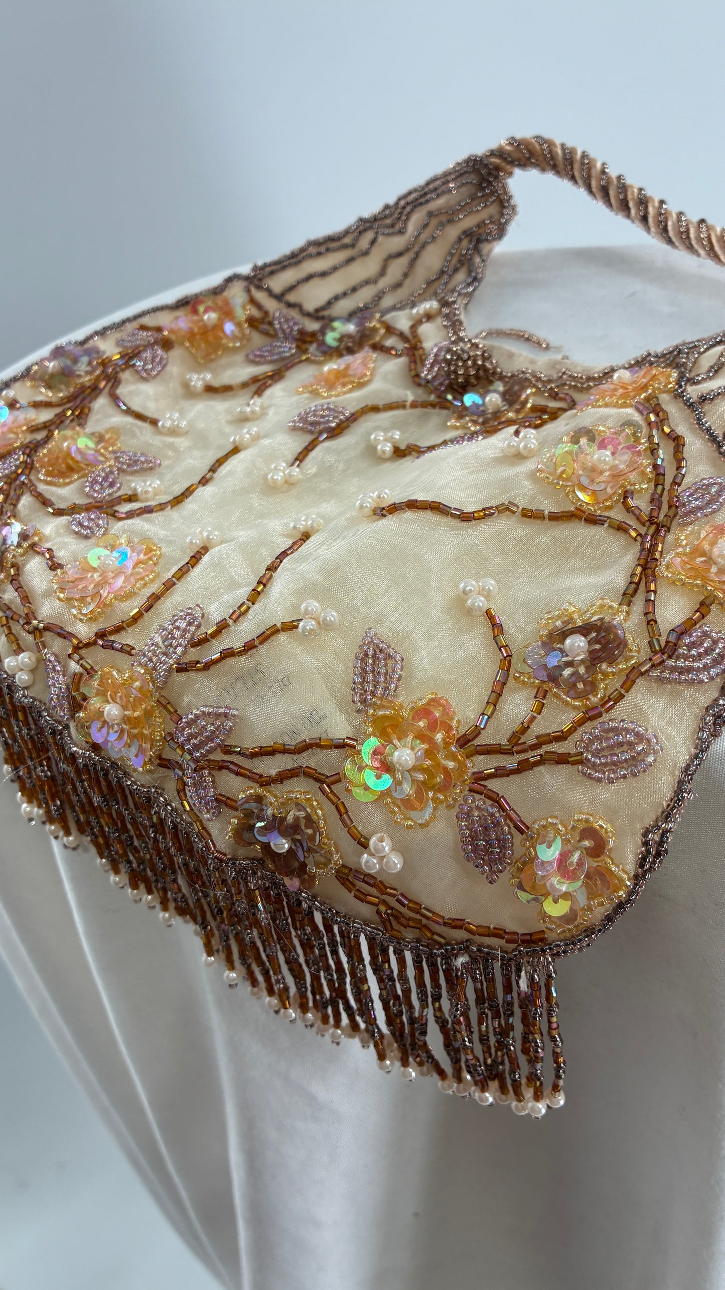 Vintage Deadstock Beige Beaded Fringe Purse with Embroidered Beaded Florals