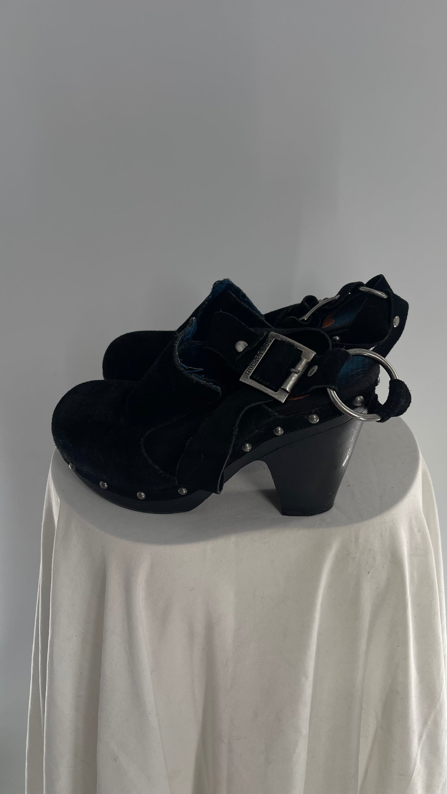 Vintage RocketDOG 1990s Black Suede Leather Studded Clog with Wrap Around Ankle Strap (8.5)