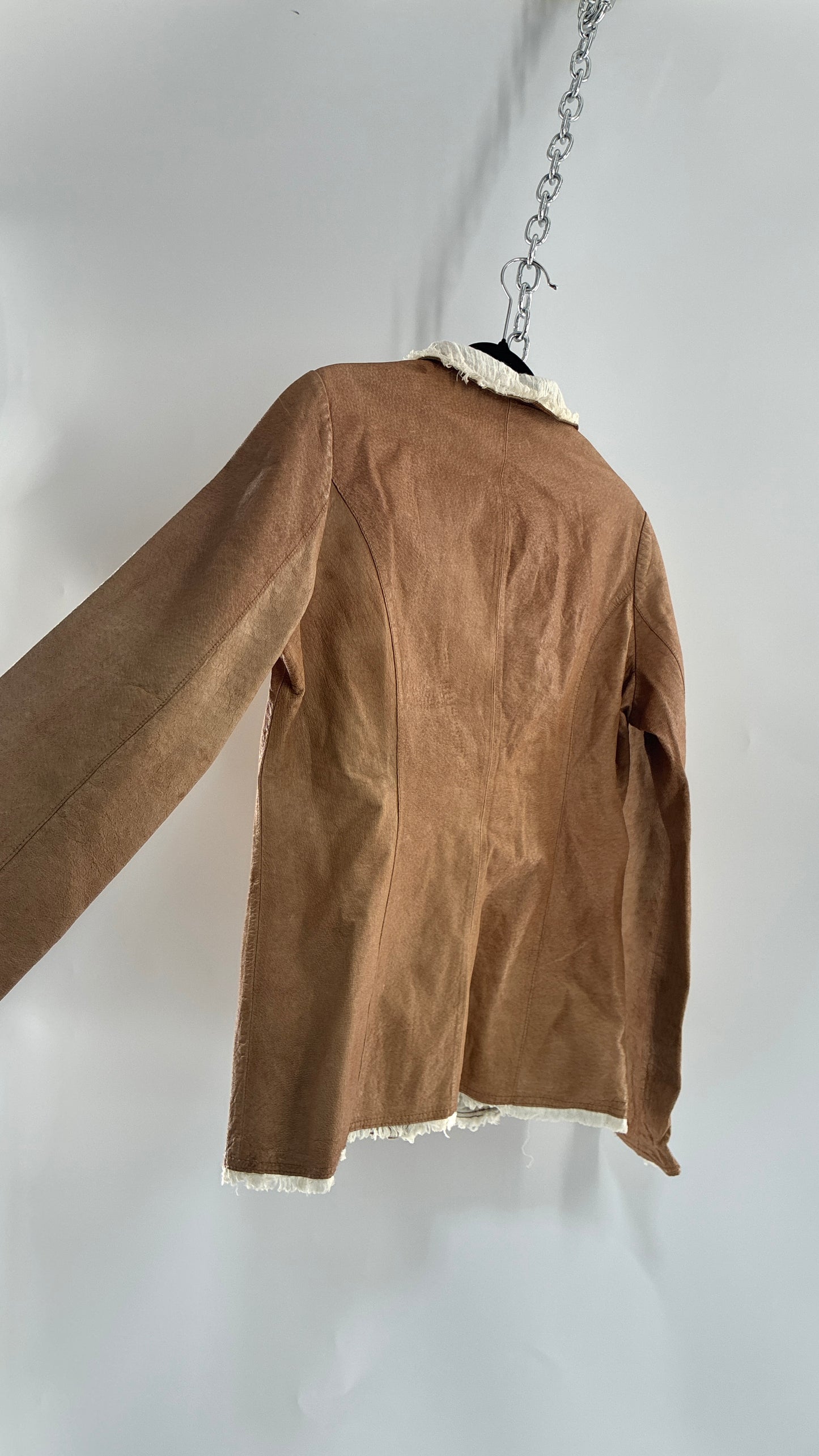 Vintage JAKETT Tan Leather Jacker with Cotton Raw Edge Trim+ Lining and buttoned Cuffs (Medium)