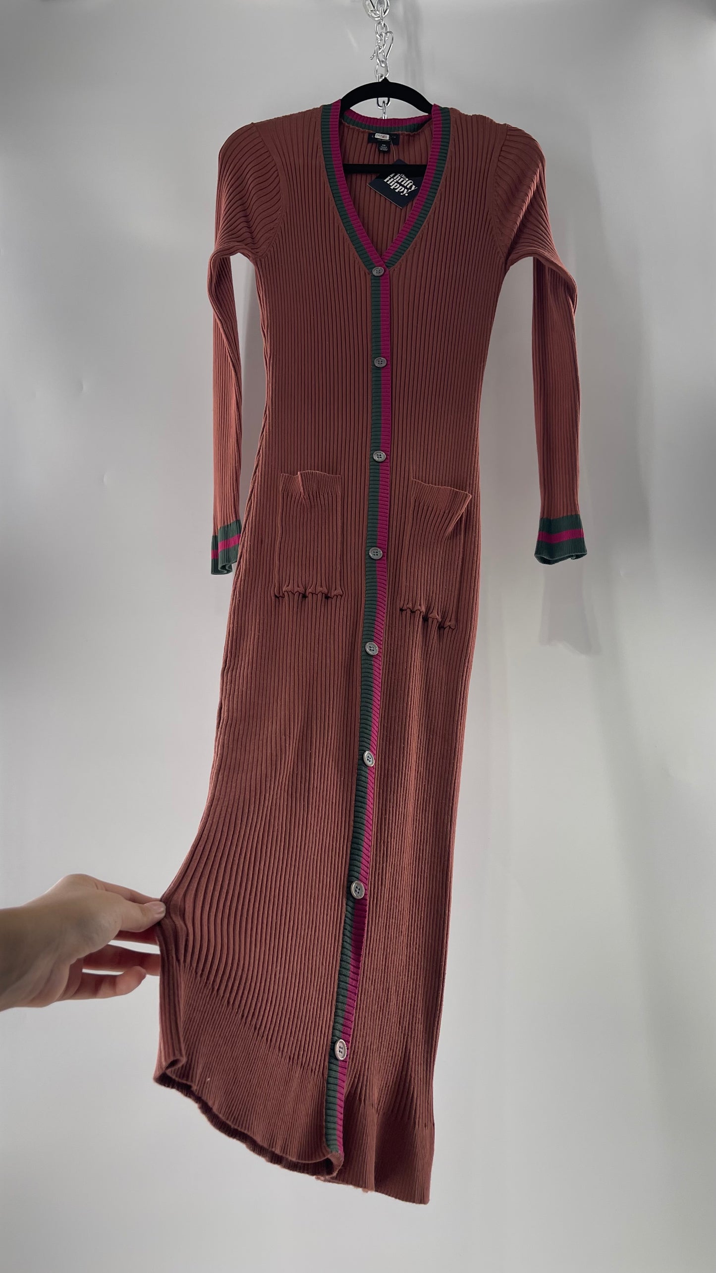 Current Air Los Angeles Brown Ribbed Knit Long Sleeve Button Front Dress with Fuchsia and Forest Green Striping (XS)