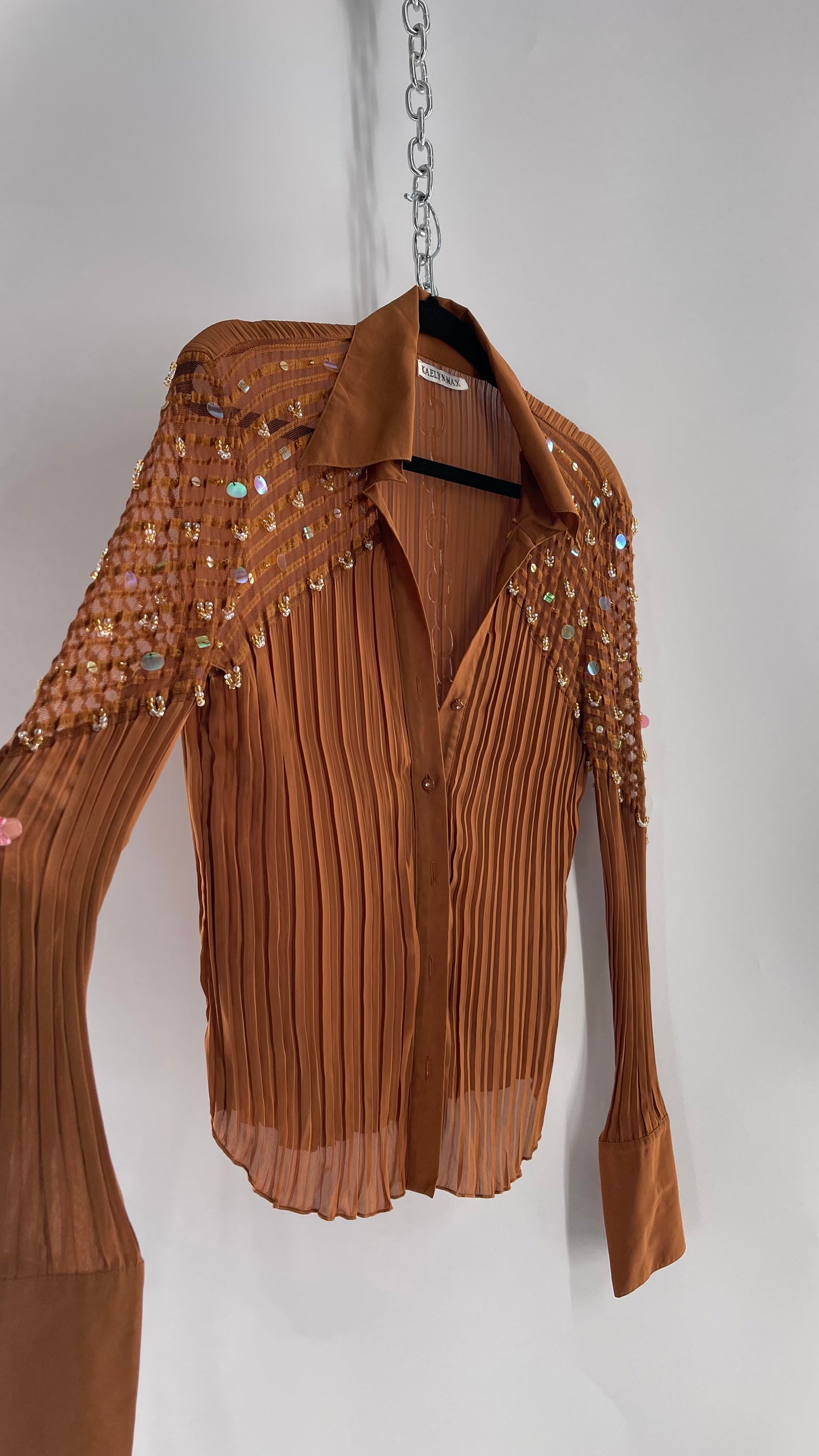 VINTAGE KAELYN-MAX Orange Brown Pleated Blouse with Beaded Embellishments (Medium)