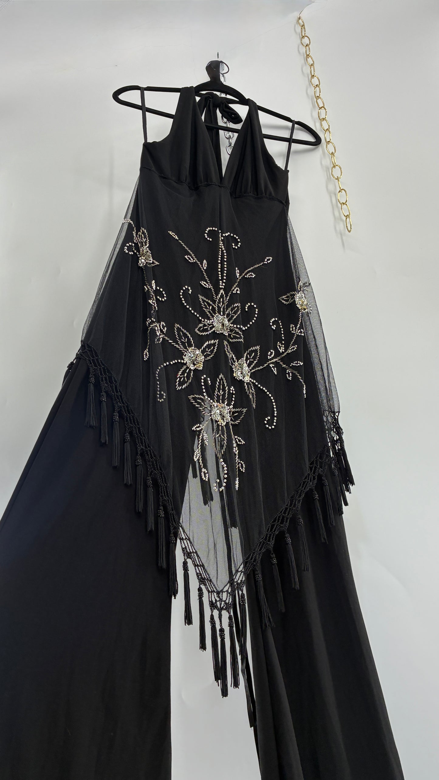Vintage JANICE Black Jumpsuit with Fringe Embroidered Waist Detail (Large)