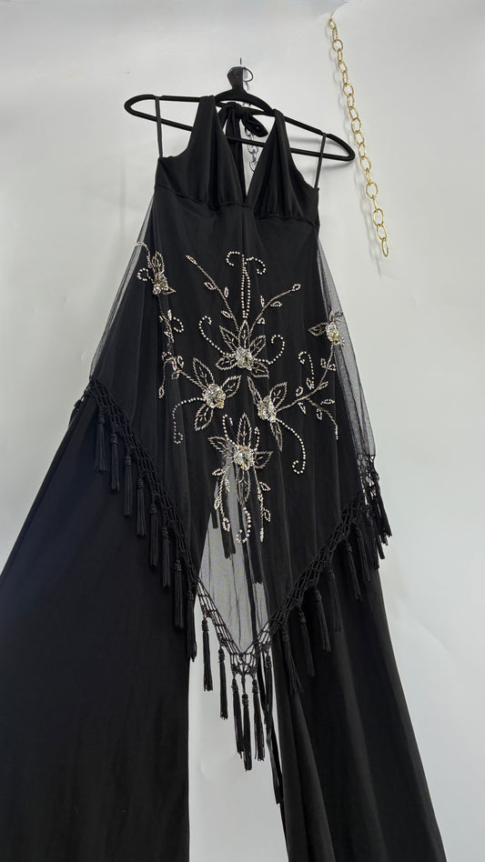 Vintage JANICE Black Jumpsuit with Fringe Embroidered Waist Detail (Large)