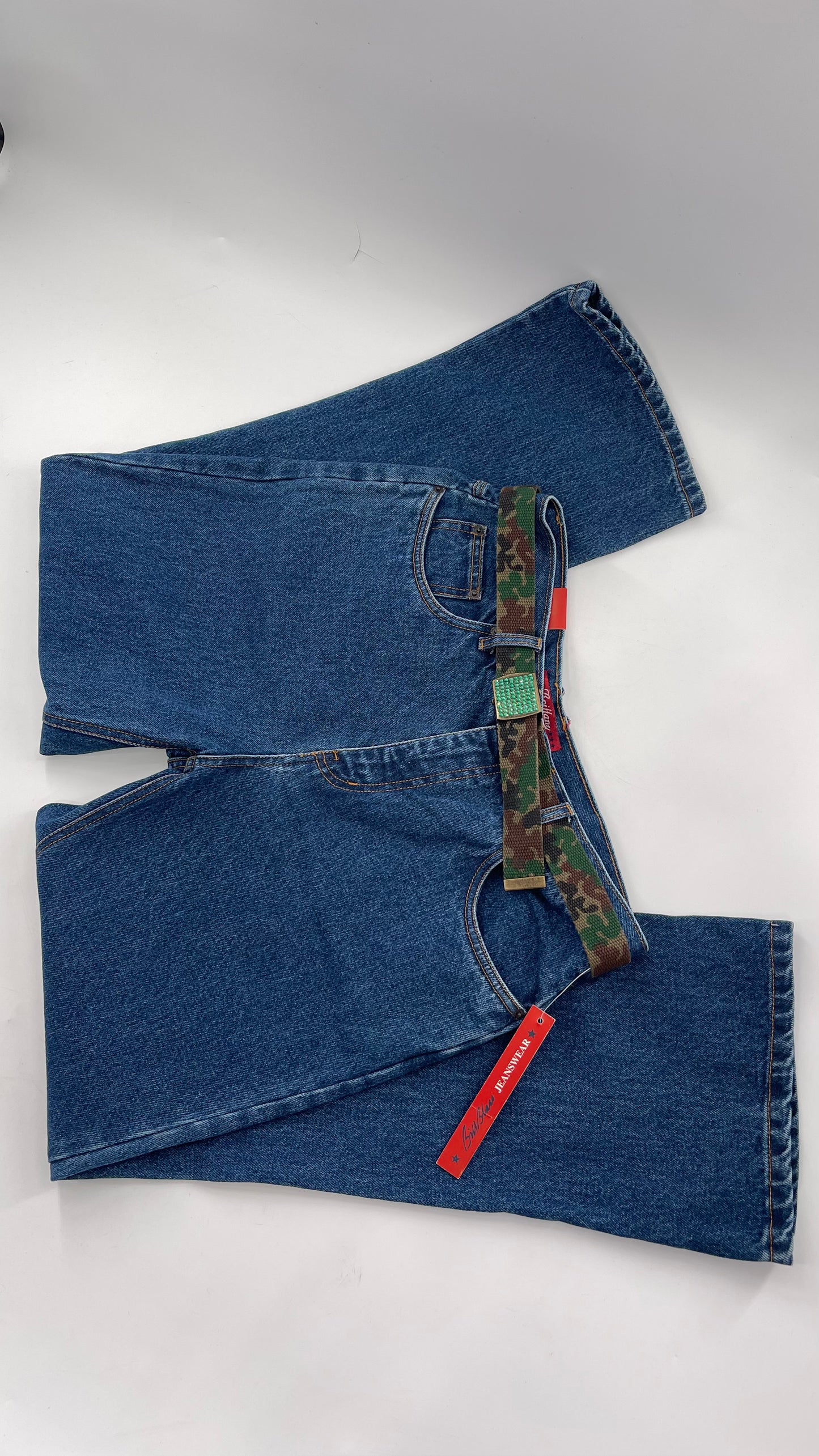 Deadstock Vintage Bill Blass Blue Jean with Camo Belt and Rhinestone Encrusted Buckle  (12P)