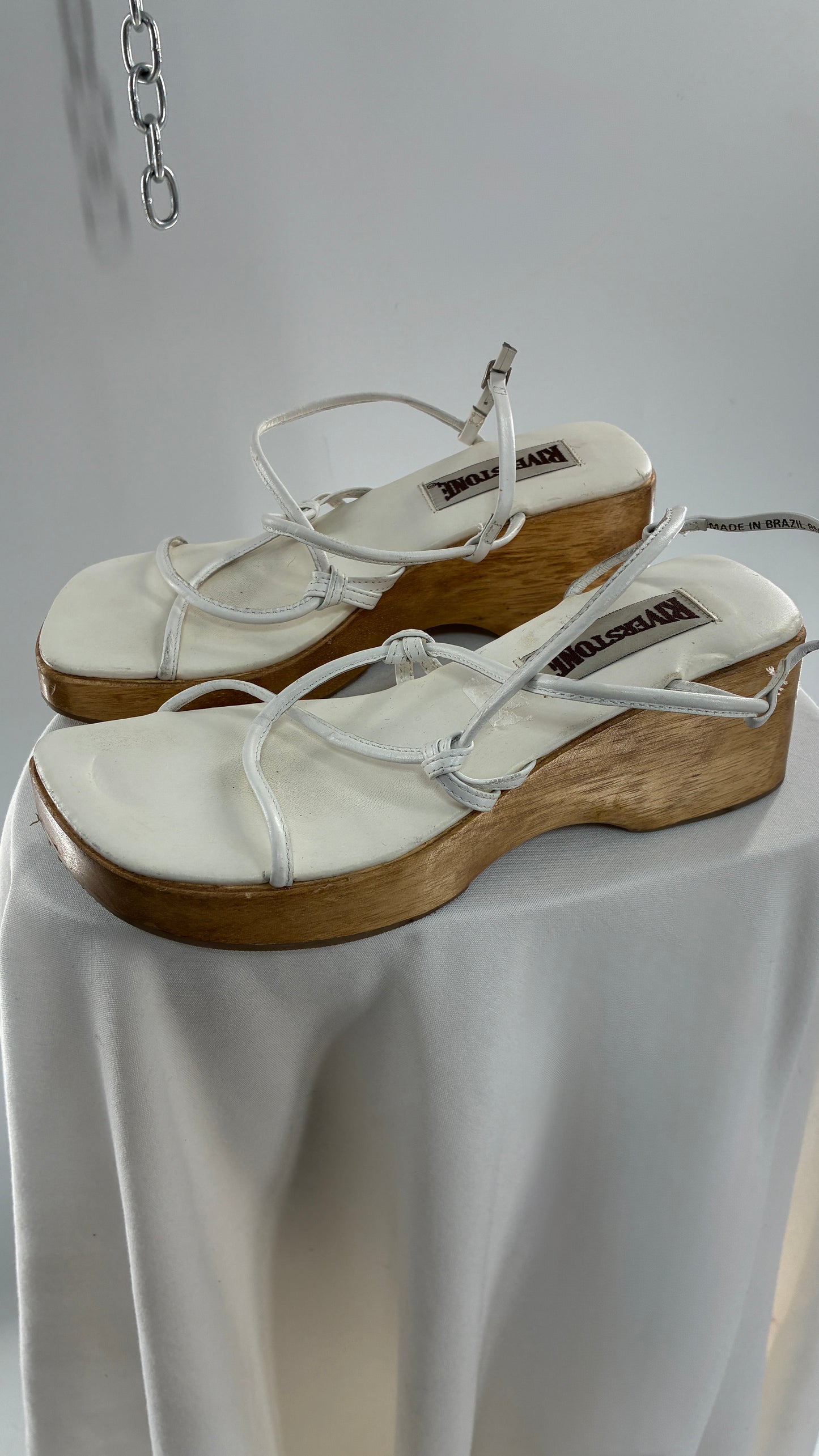 Vintage 1990s RIVERSTONE Wooden Platform Square Toe, Strappy Sandal Made in Brazil (8)
