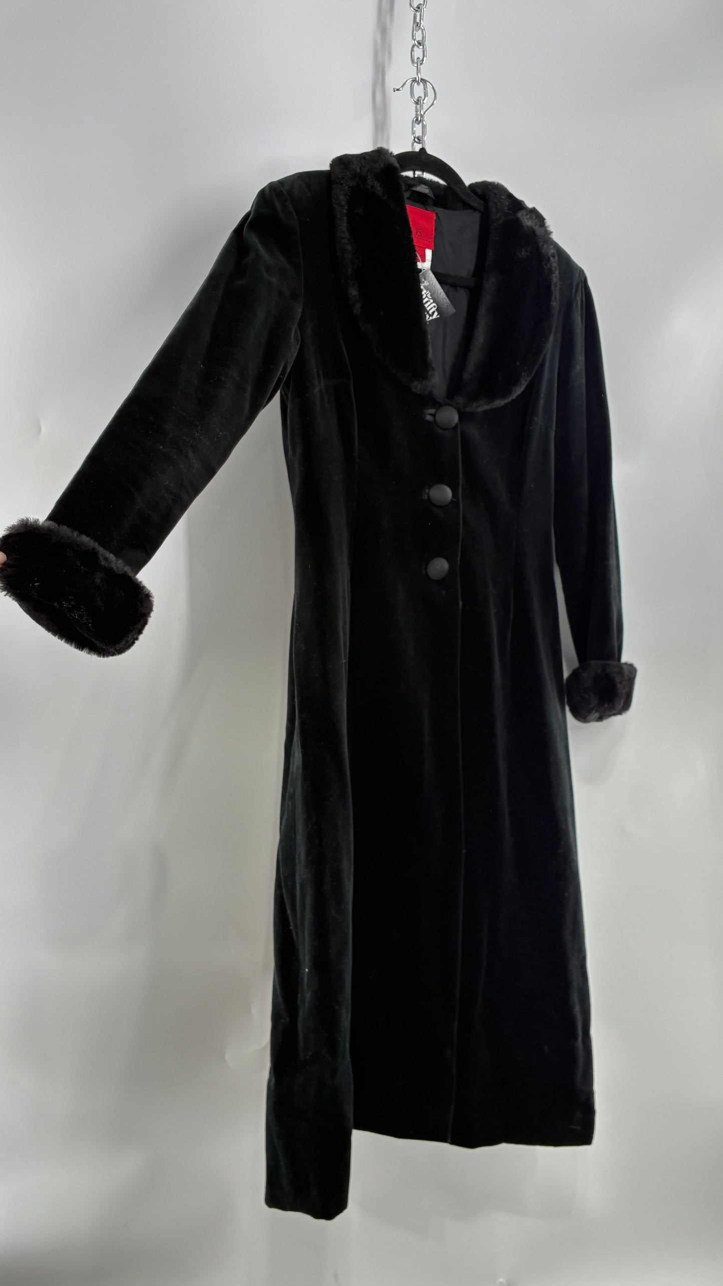 Vintage JS Collection Velour Duster Coat with Deep Neckline, Vegan Fur Collar and Cuffs (Large)