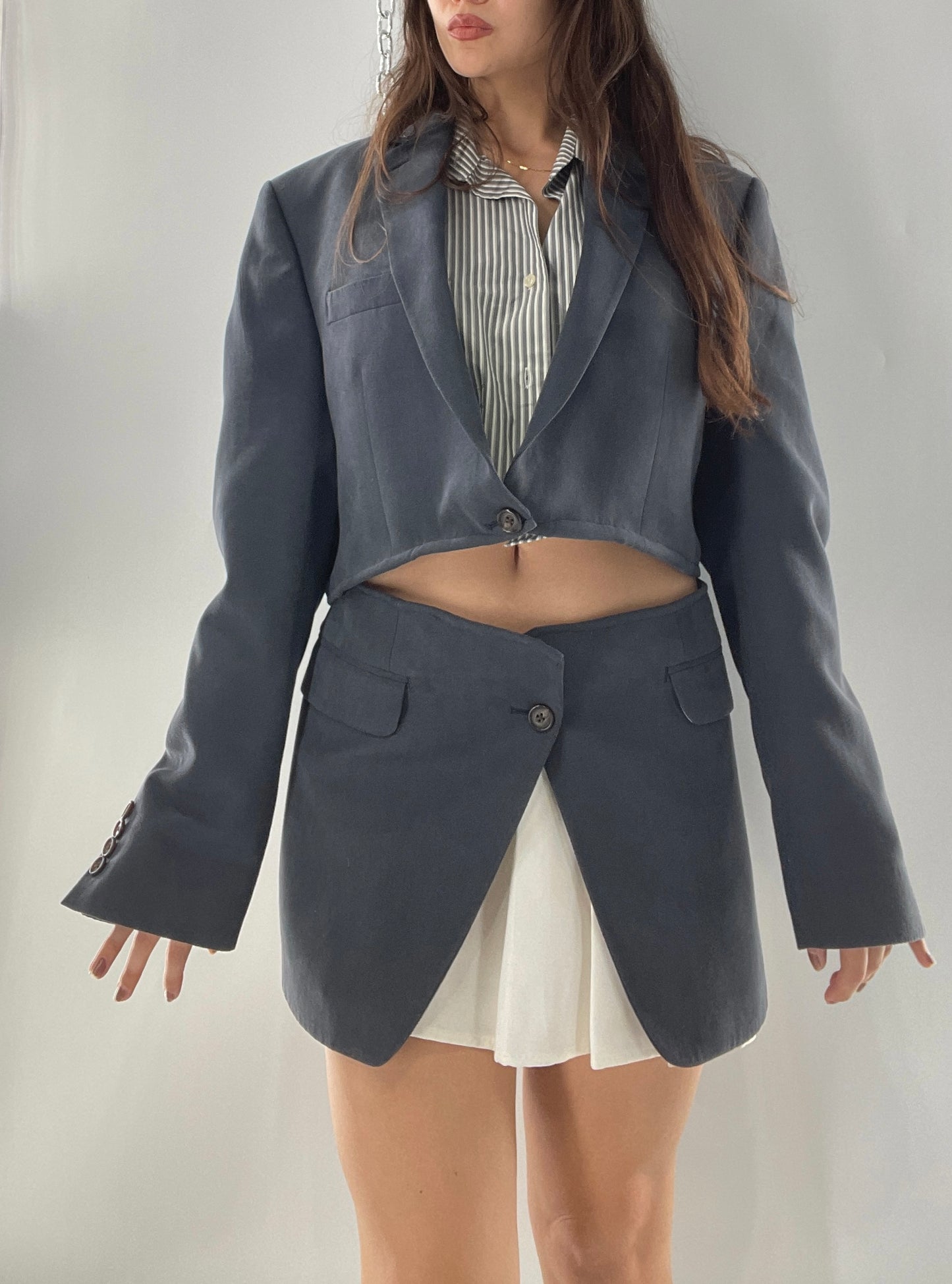 CUSTOM Handmade 2pc Suit Set Gray/Blue with Open Corset Back Skirt and Cropped Jacket (One Size)