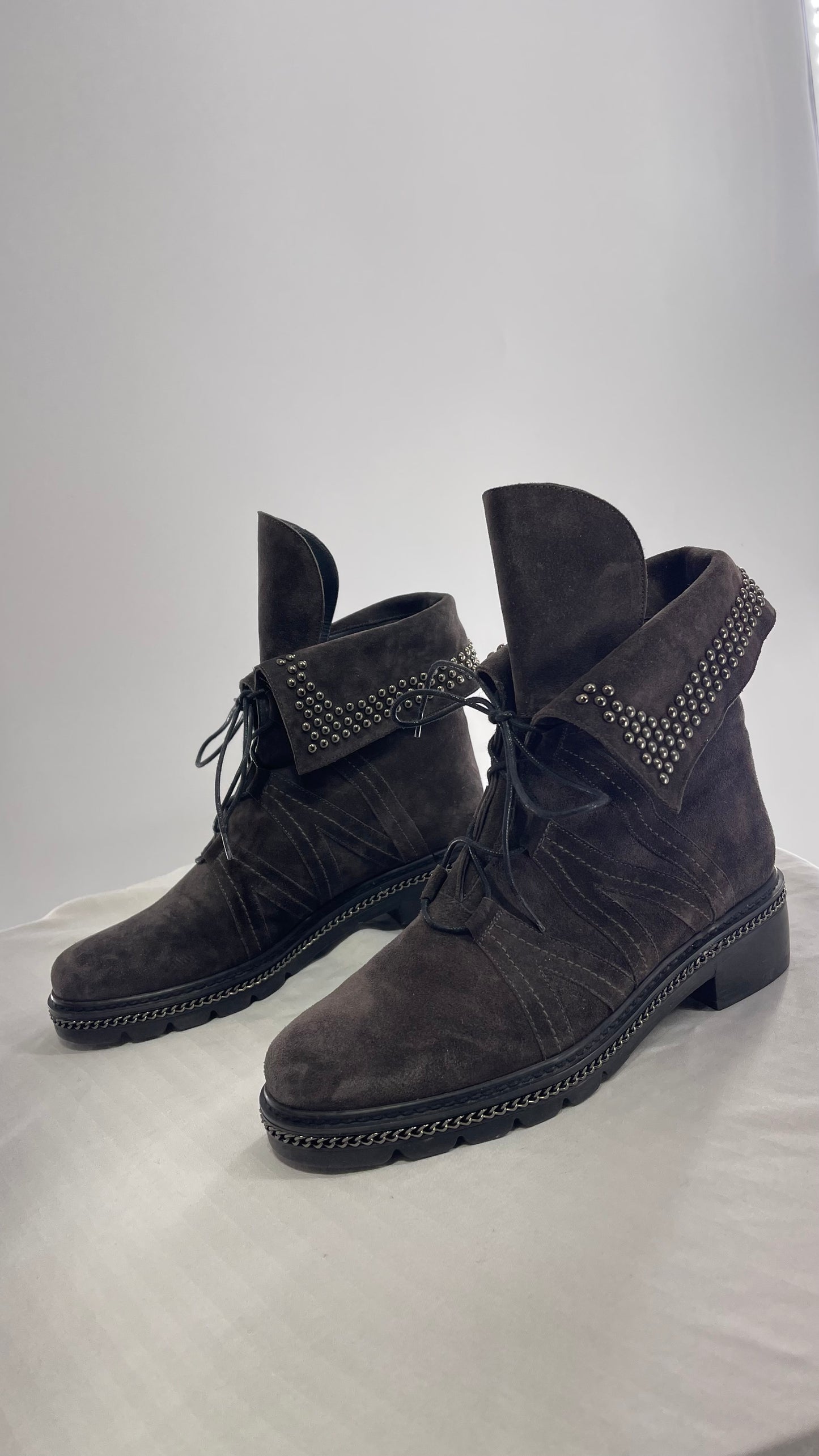 Stuart Weitzman Yadastud Grey Suede Leather Studded, Chainlink Boots (8)