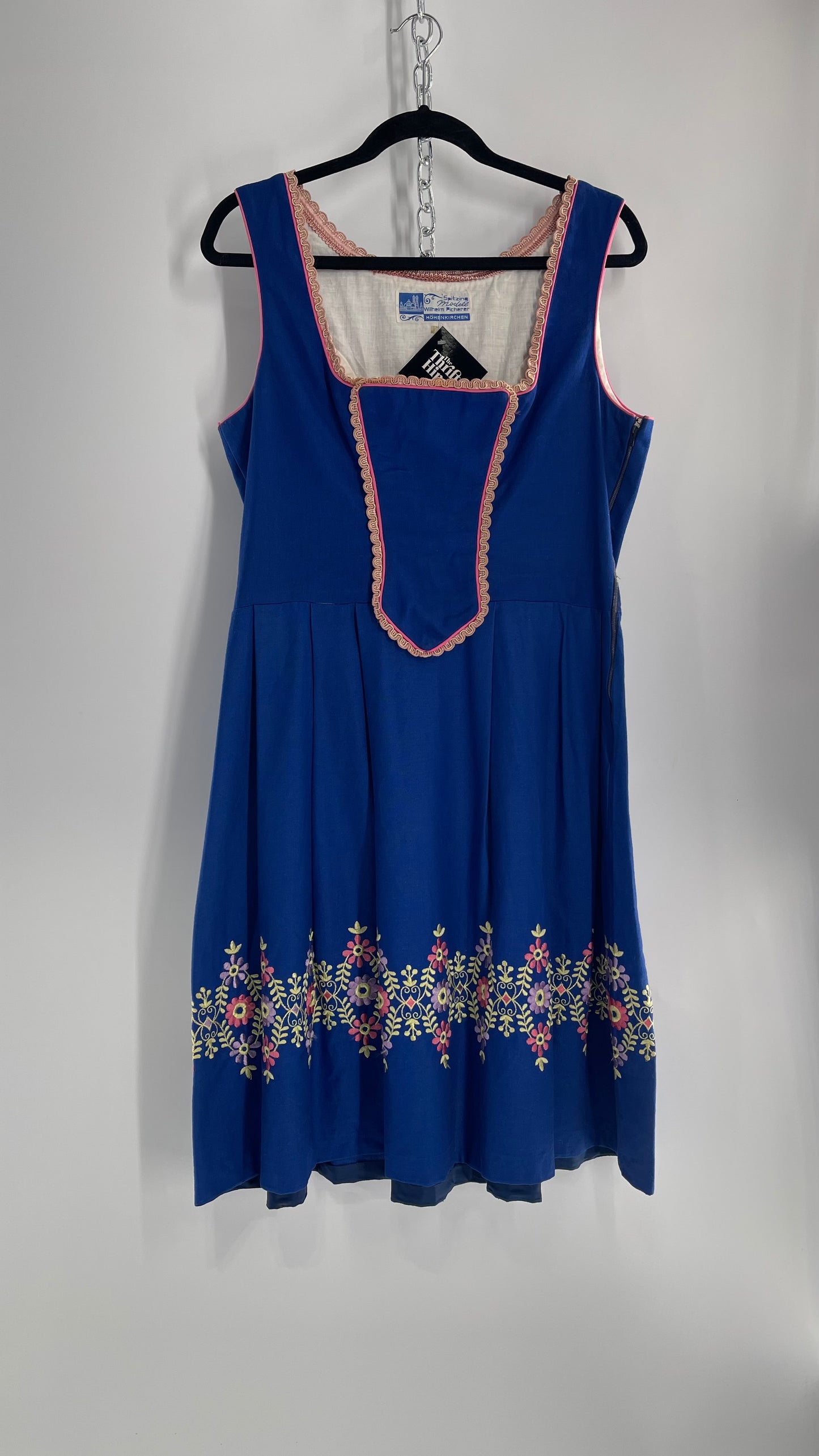 Vintage 1970s Spitzing Modell Wilhelm Picherer Hohenkirchen Traditional German Hand Embroidered Royal Blue Dress (M)