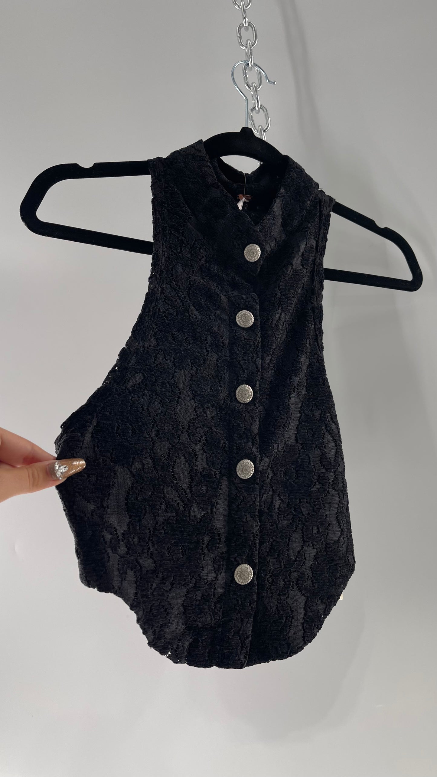 Free People Black Velvet Lace Sleeveless with Metal Buttons (Small)