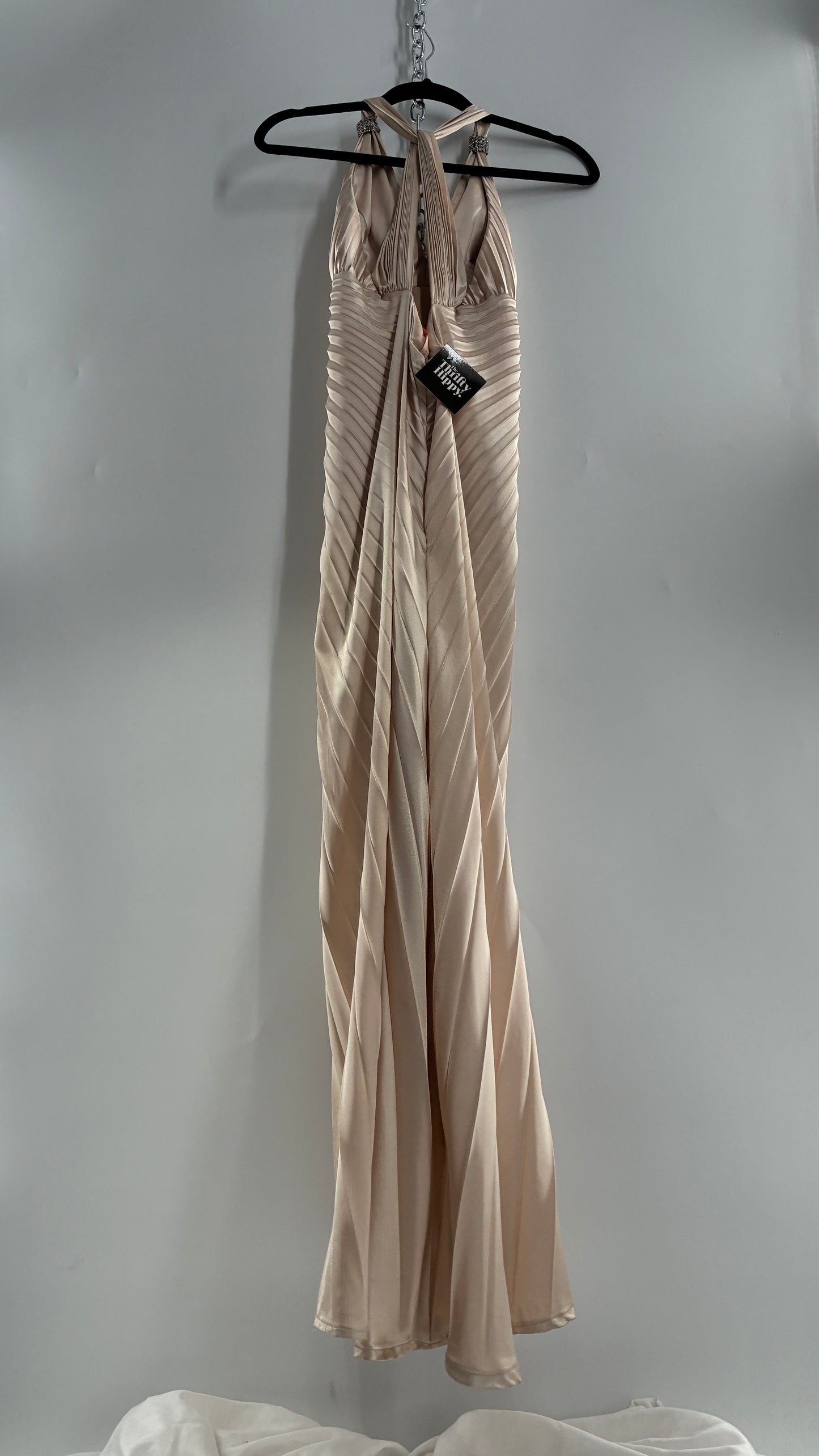 Vintage ISSUE Pleated Champagne Gown with Vented Slit Front, Crystal Bust Appliqué and Strap Cuffs (2)