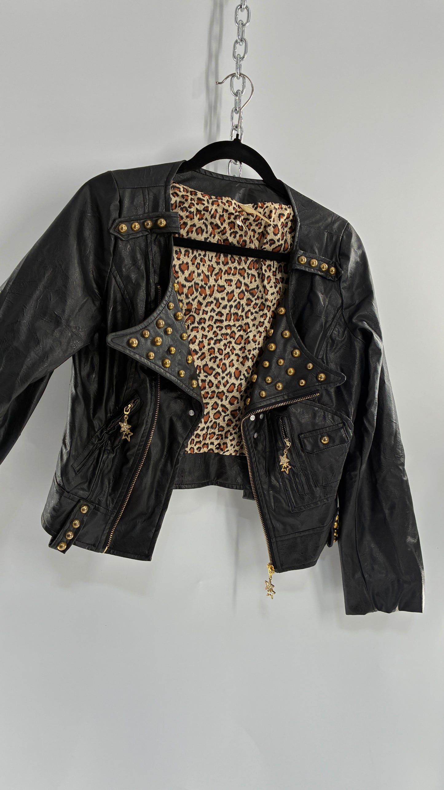 Vintage Black Vegan Leather Jacket with Oversized Lapel, Belt Loops and Pockets Covered in Heavy Duty Gold Studs (Small)