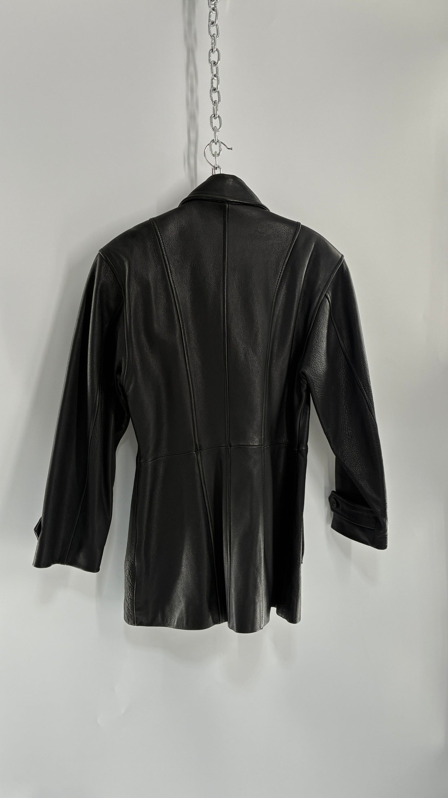 Vintage LUIS ALVEAR Thick Genuine Leather Black Trench Style Jacket (XS)