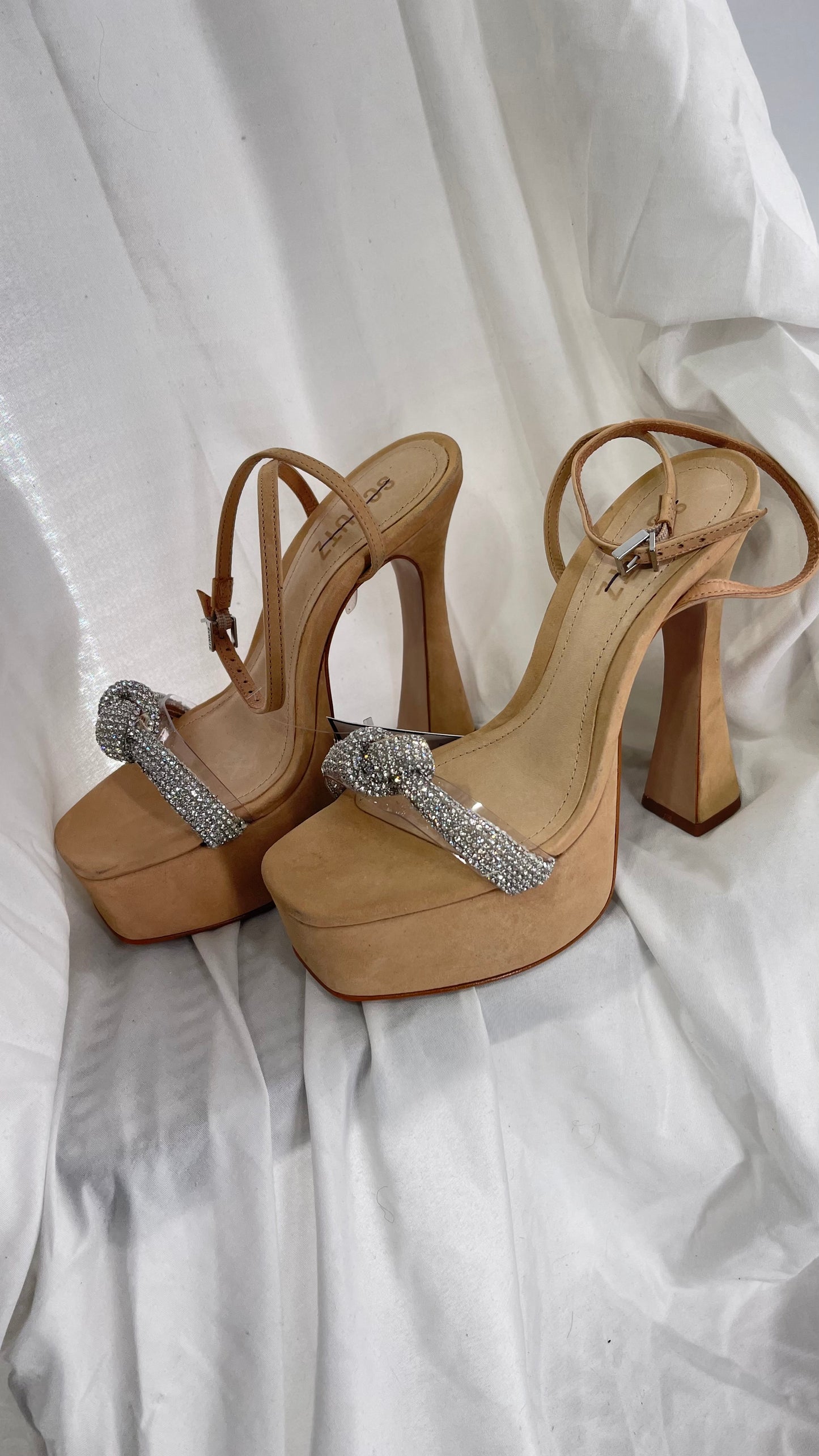 SCHÜTZ Peaky Beige/Tan/Nude Platform Heel with Funky Heel and Clear Knot Rhinestone Toe Strap (6)