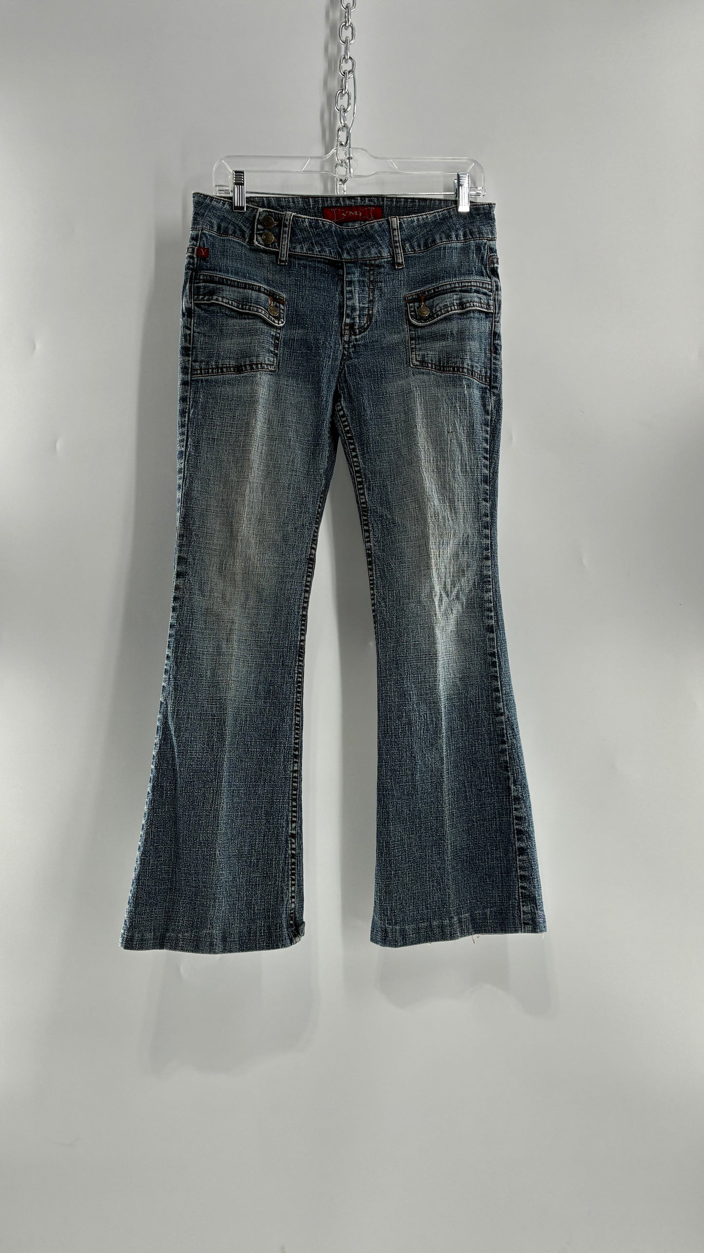Vintage Pocket Side Low Rise, Kick Flare Jeans with Side Button Closure YMI (11)