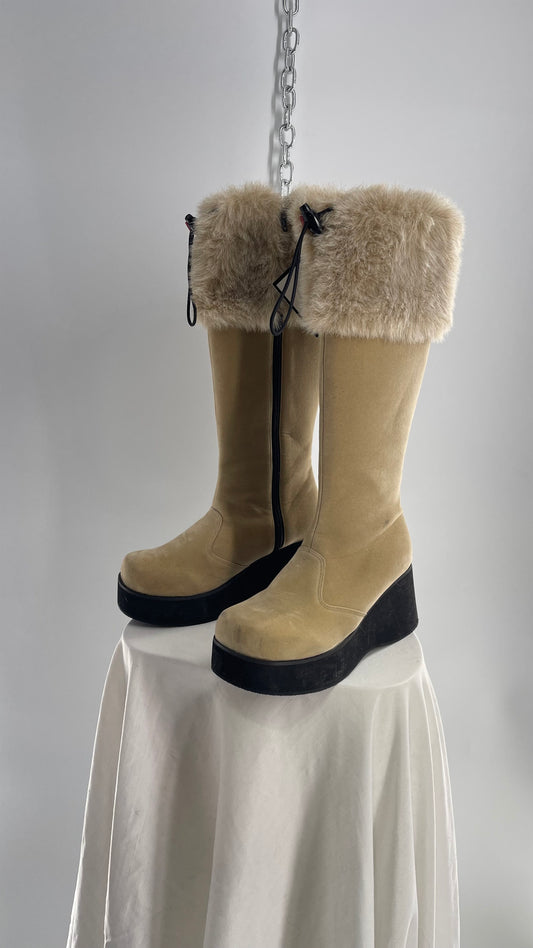 Vintage Faux Fur Trim Tan Platform Wedge Knee High Boots (6)