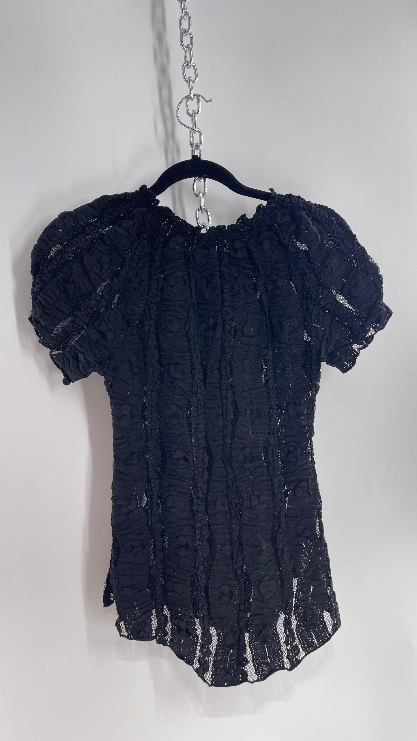 Free People Black Ruched Lace Puff Sleeve Blouse with Coconut Buttons and Tags Attached (XS)