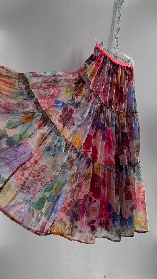 Handmade Floral Overlay Tiered Voluminous Skirt (Medium)