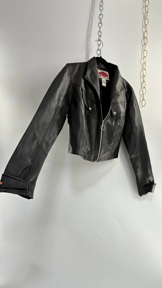 Vintage 1990s HIGHWAY Black Vegan Leather Cropped Jacket (Medium)