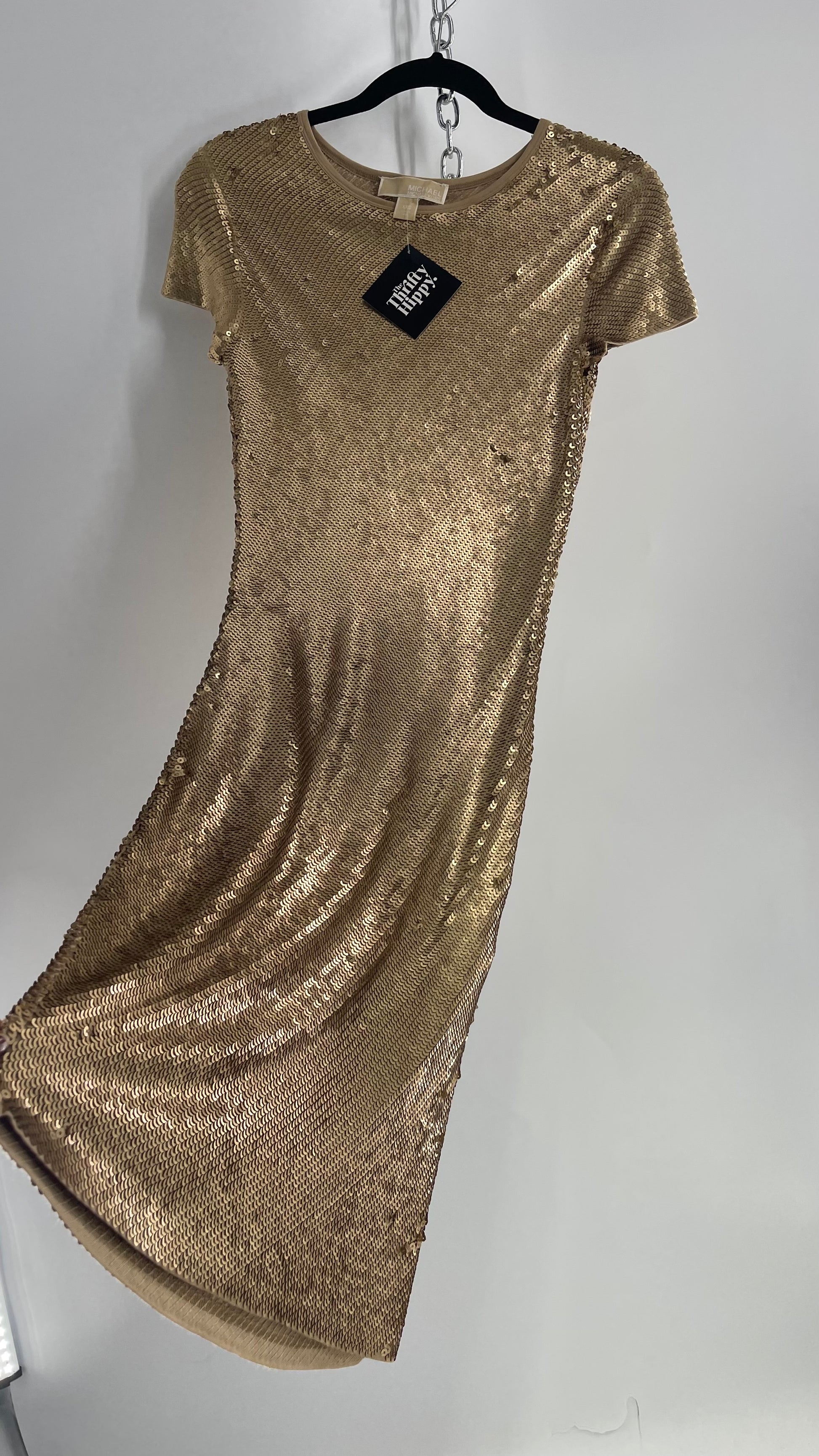 michael kors cocktail dresses Michael Kors Sequin Party Gold Midi Dress (XXS) – The Thrifty Hippy
