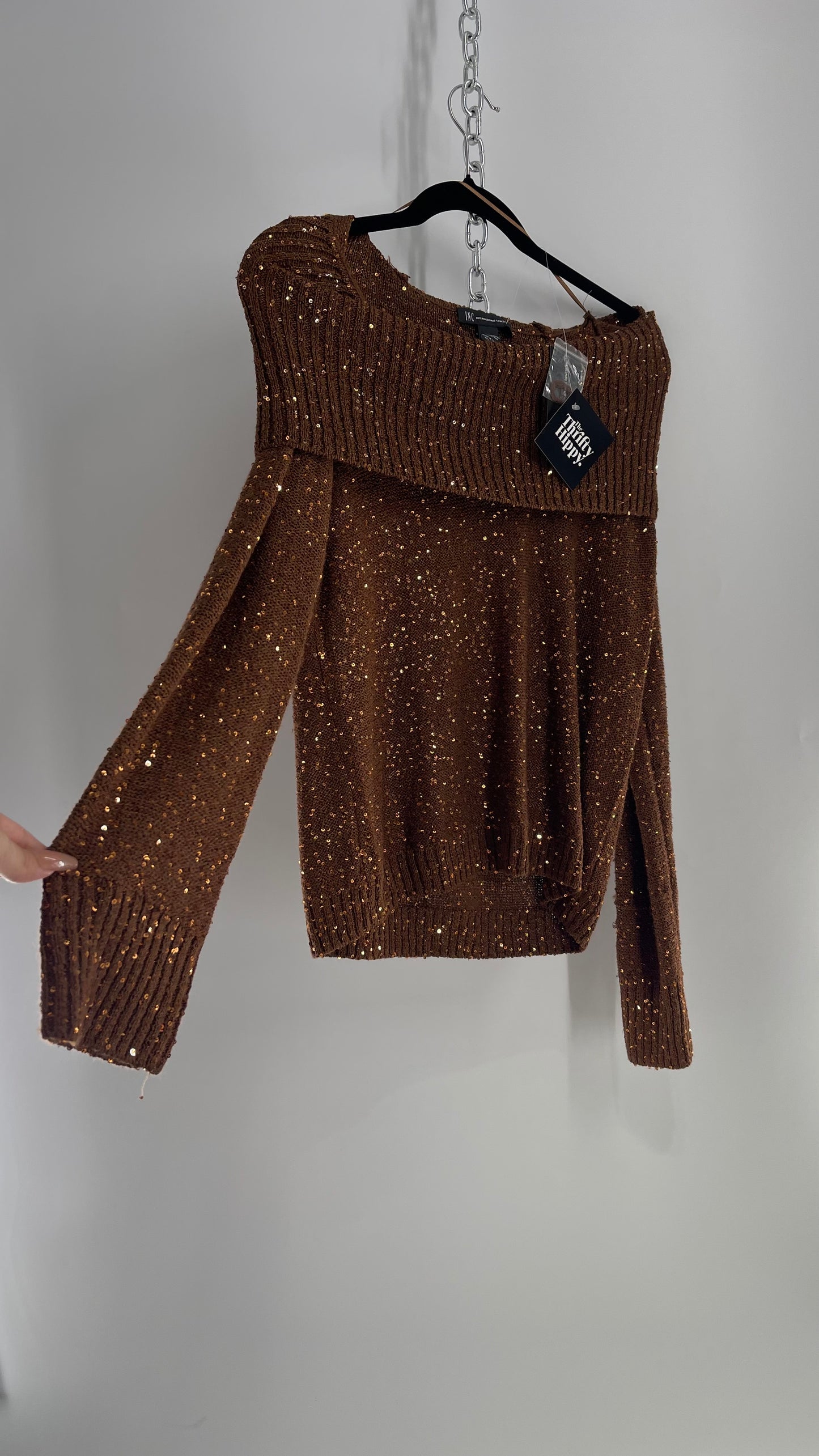 INC Bronze Knit Off the Shoulder Sweater with Sequins (XL)