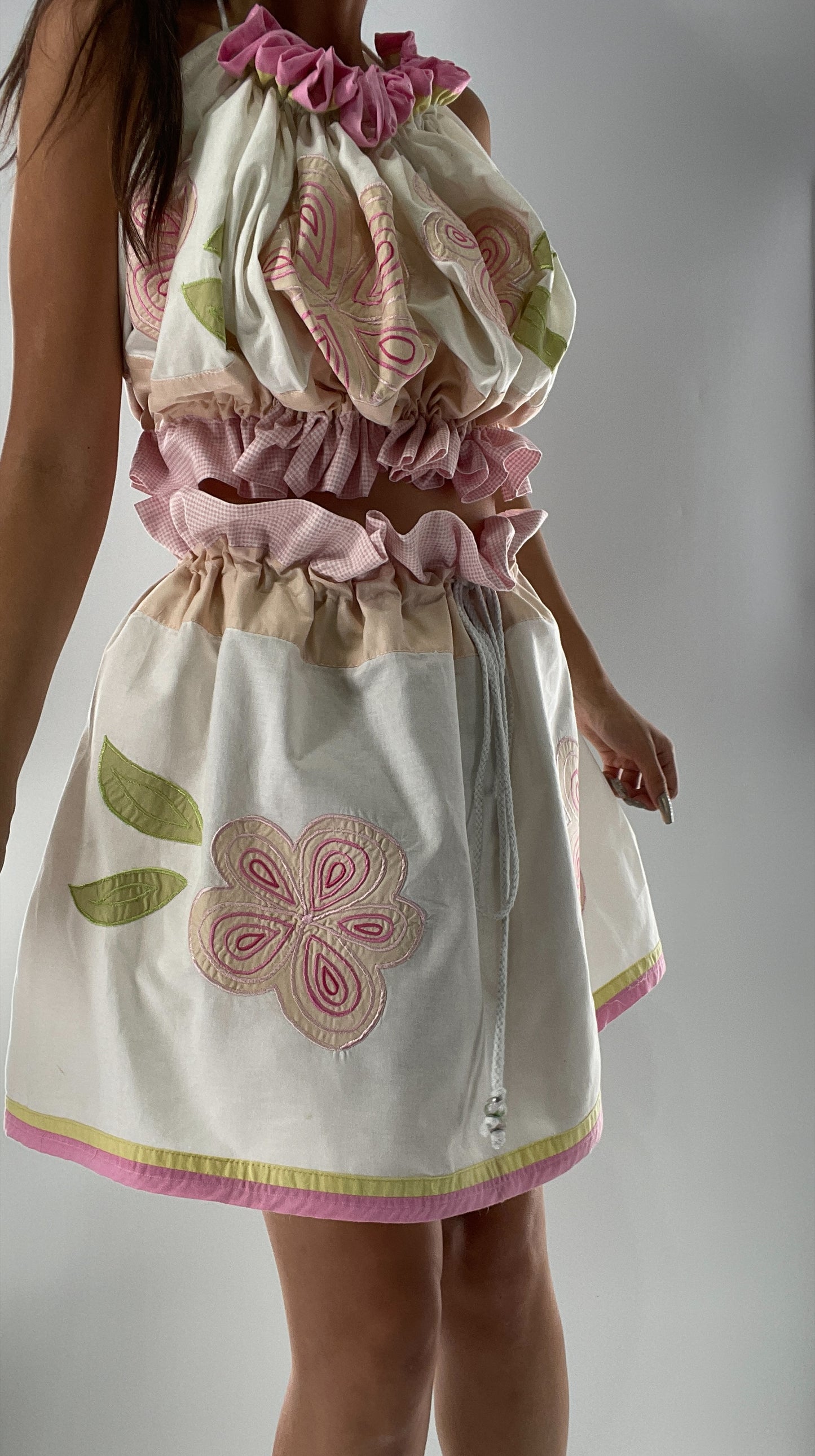 Vintage Flower Girl Set with Embroidered Floral Patches and Glass Bead Drawstrings (ONE SIZE)