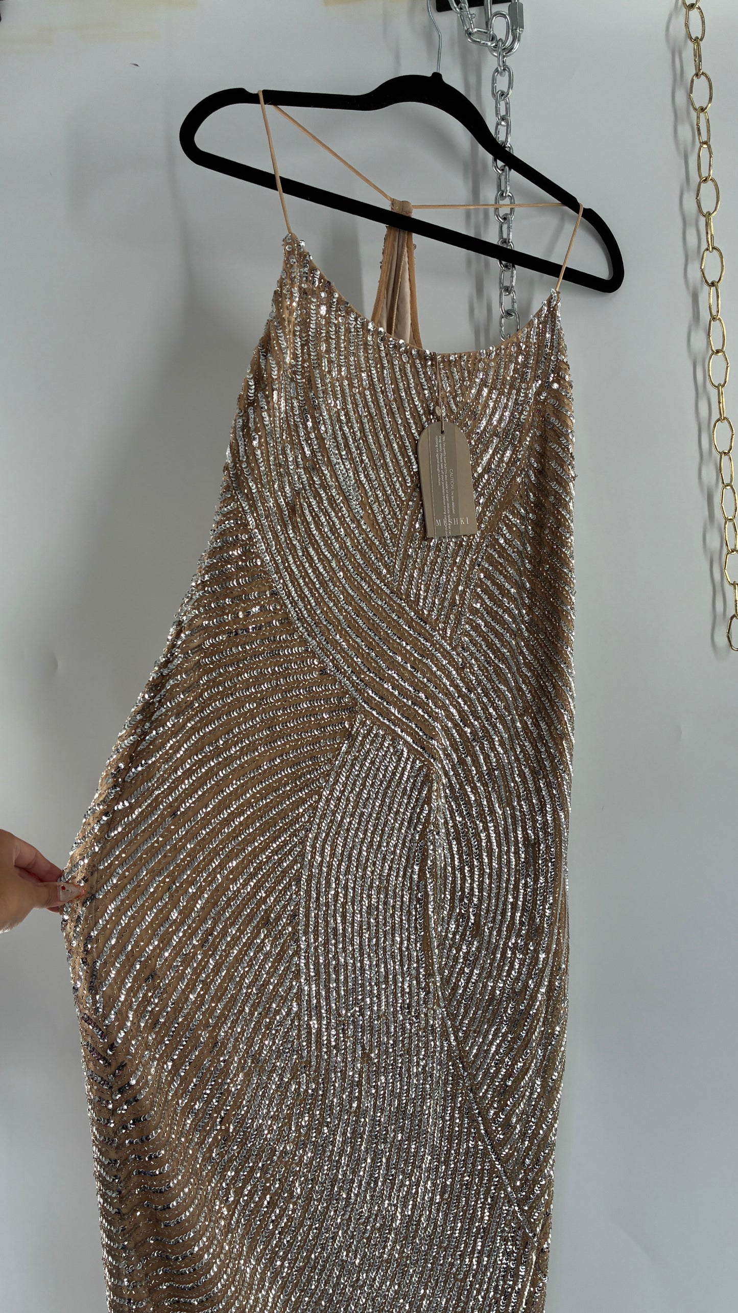 MESHKI Tierra Nude Full Length Dress with Silver Sequins with Tags Attached (XXXL)