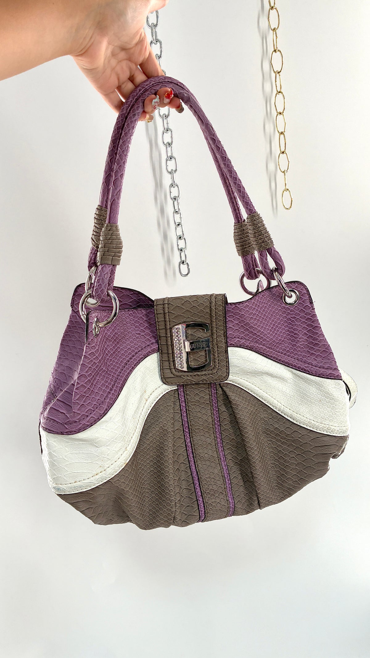Vintage GUESS Snake Embossed Purple Purse with Oversized Logo Hardware
