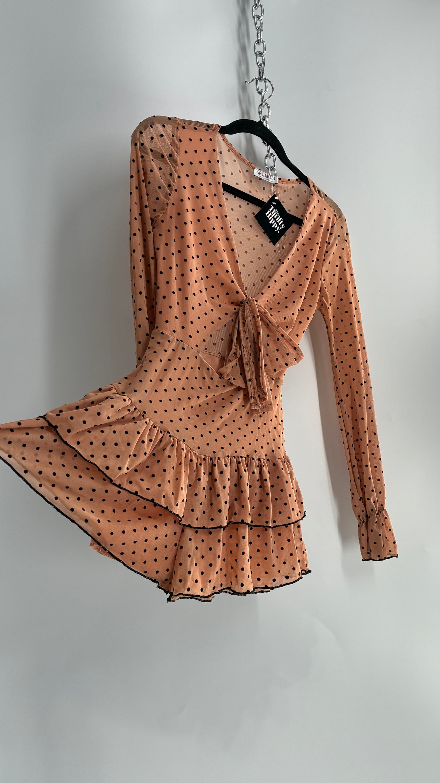 Fashion Nova Tan/Apricot Balloon Sleeve Romper with Ruffled Shorts and Cut Out, Tie Front Bust (Small)