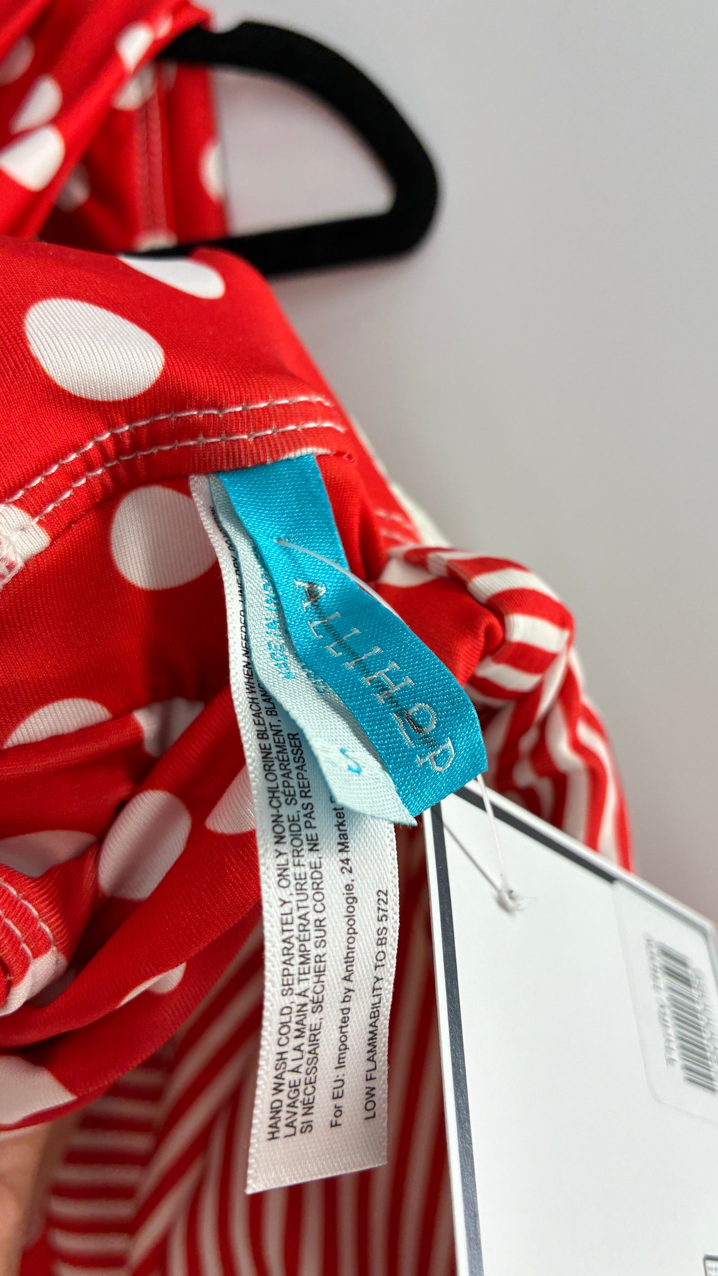 ALLIHOP Anthropologie Red and White Retro Thick Striped and Polka Dotted Bikini with Open Criss Cross Back (Small)