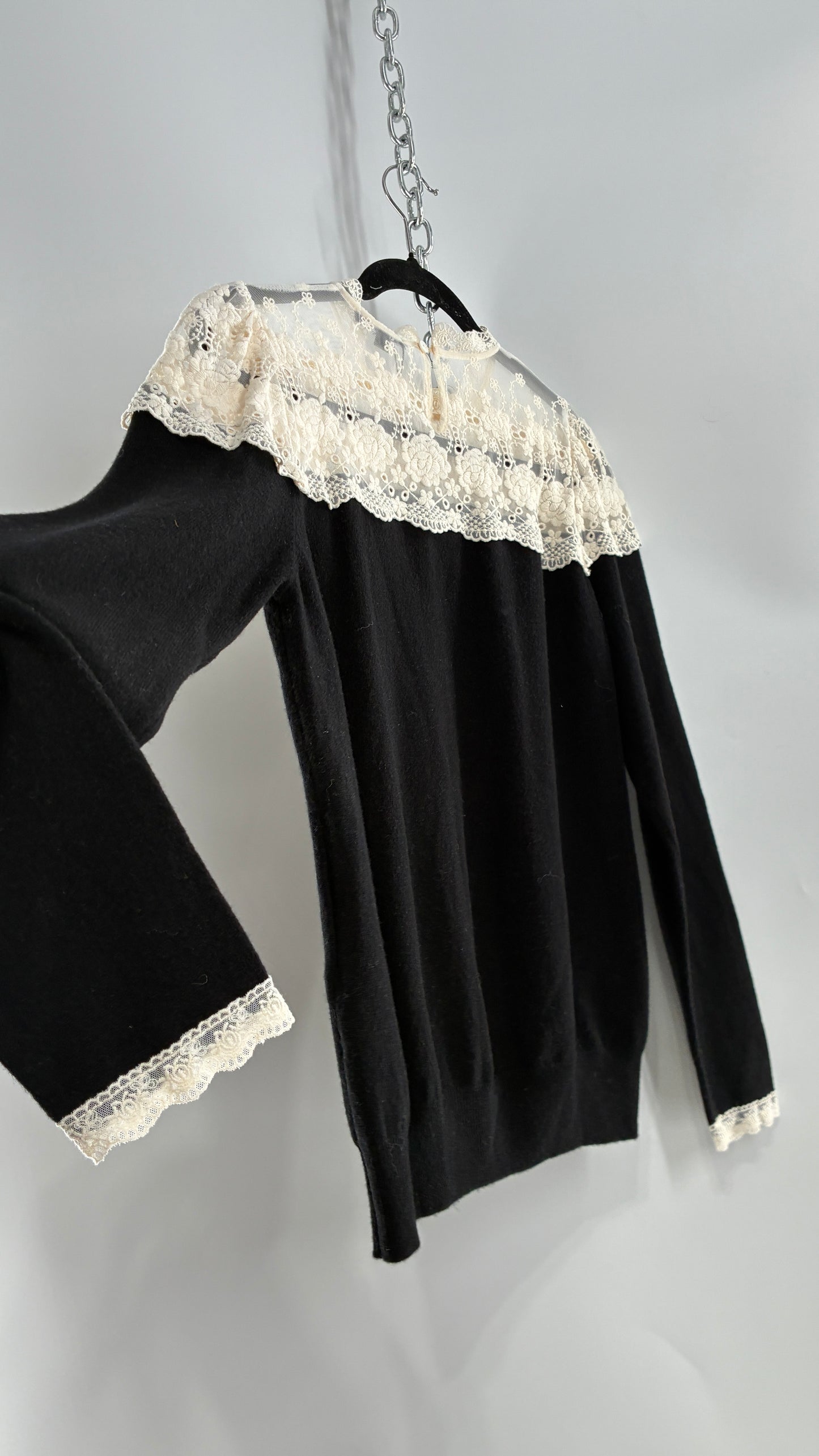 JESSIE LIU Amari Black 100% Merino Wool Sweater with Ivory Lace Neckline and Cuffs (Large)