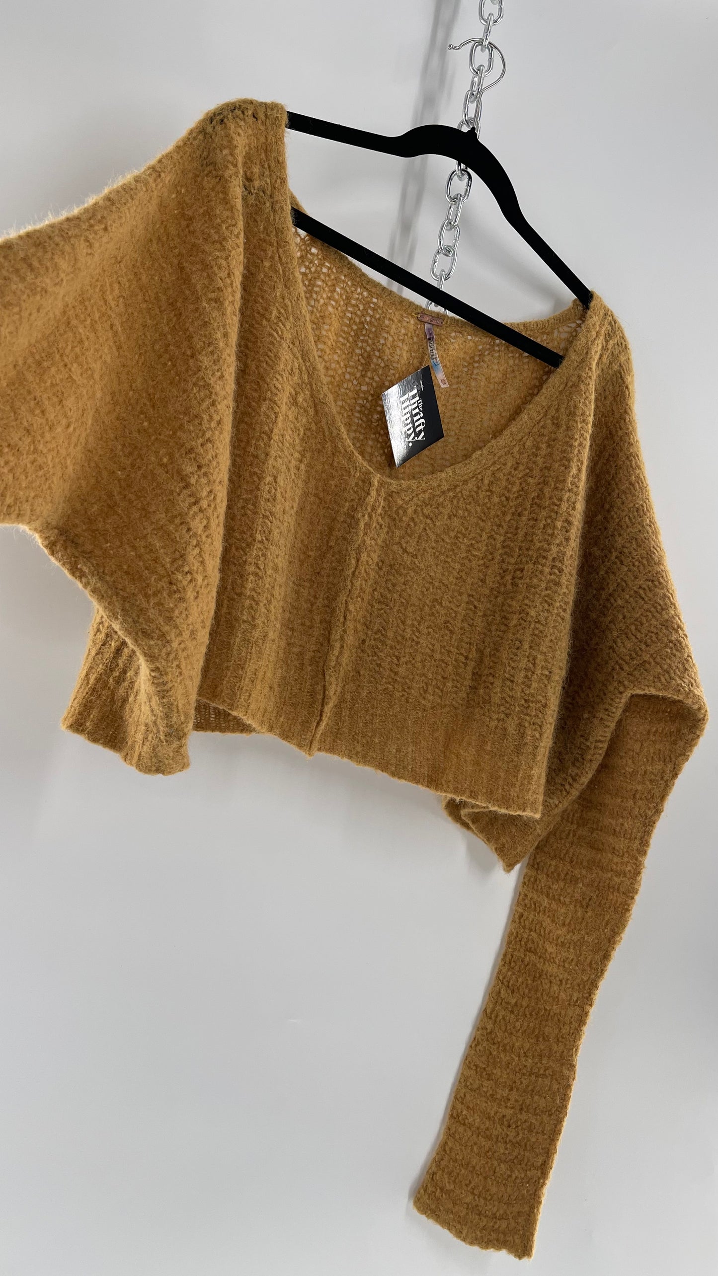 Free People Mustard Knit Cropped Sweater (XS) 88% Alpaca Fur