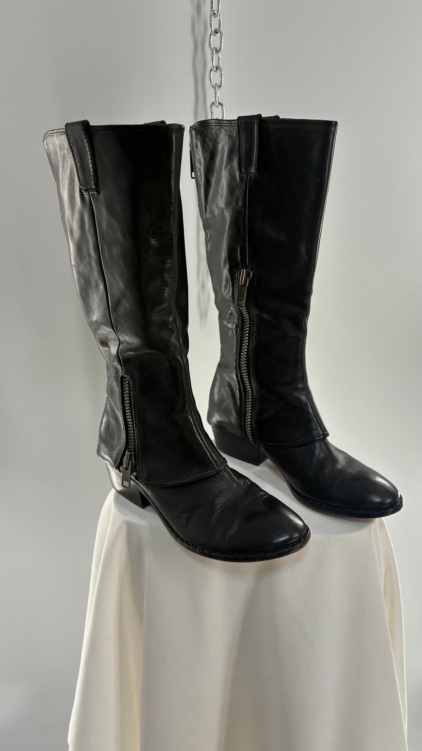 Vintage KORK EASE Black Genuine Leather Fold Over Boots with Heavy Metal Detailing (9/40.5)