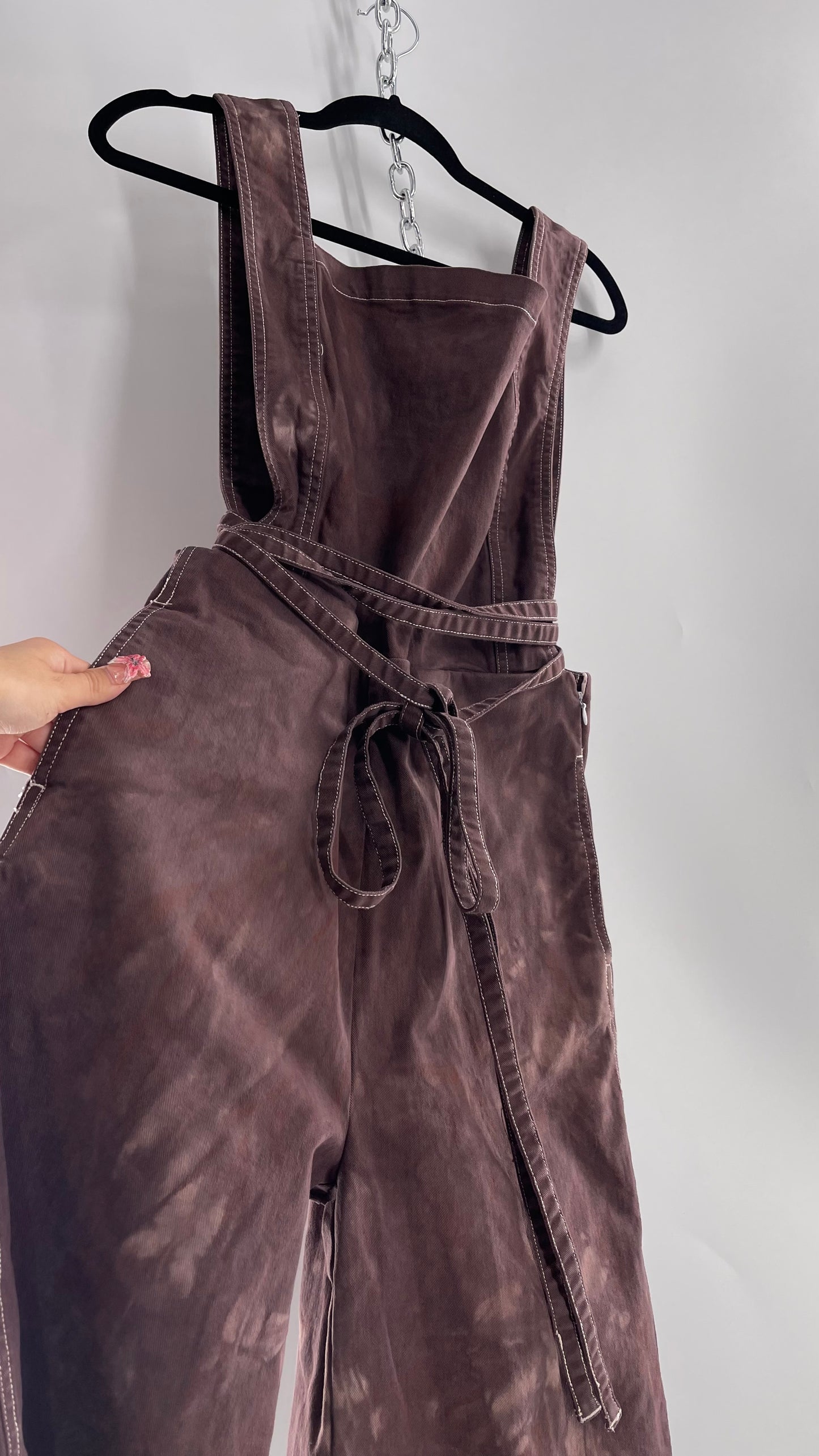 Brown Hand Dyed Jumpsuit with Waist Tie Detail and Open Back (Small)